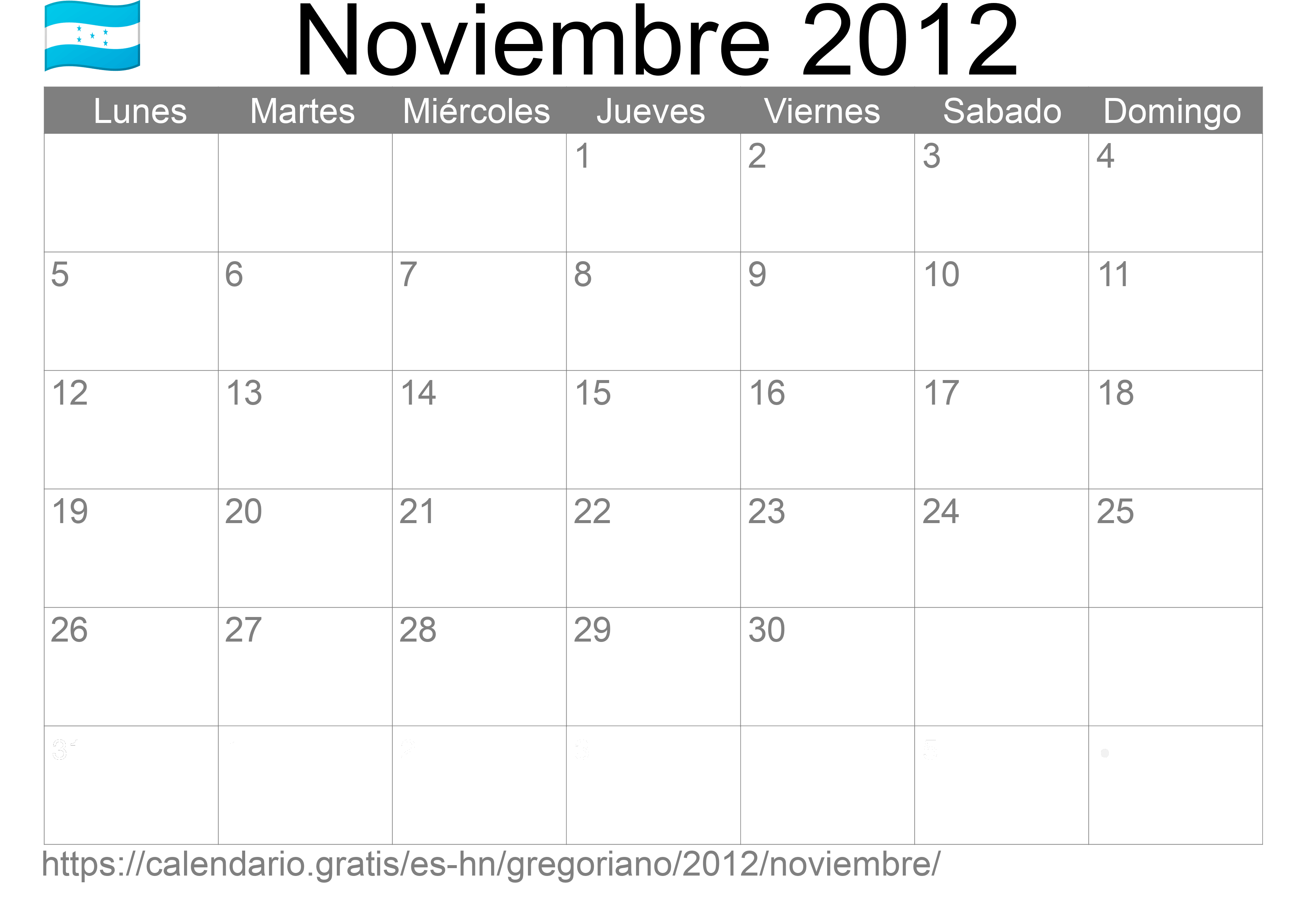 Calendario Noviembre 2012 para imprimir