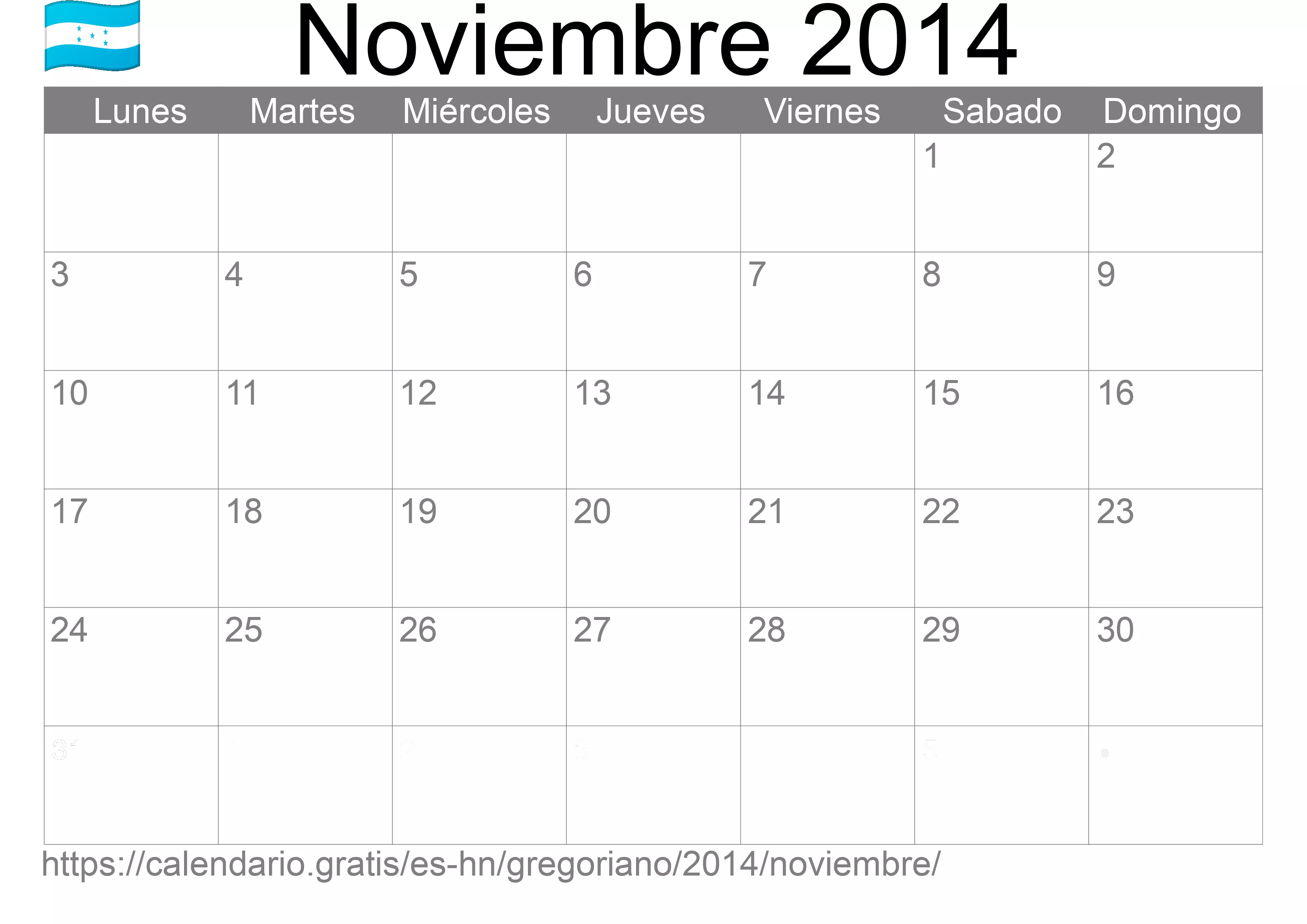 Calendario Noviembre 2014 para imprimir (Honduras) Calendario Noviembre 2014 para imprimir (Honduras)