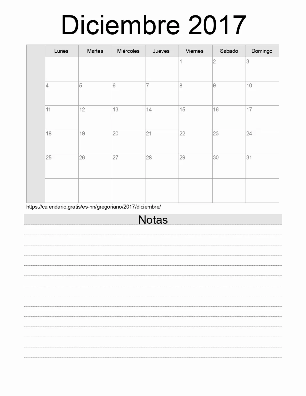 Calendario Diciembre 2017 para imprimir con notas. (Honduras)