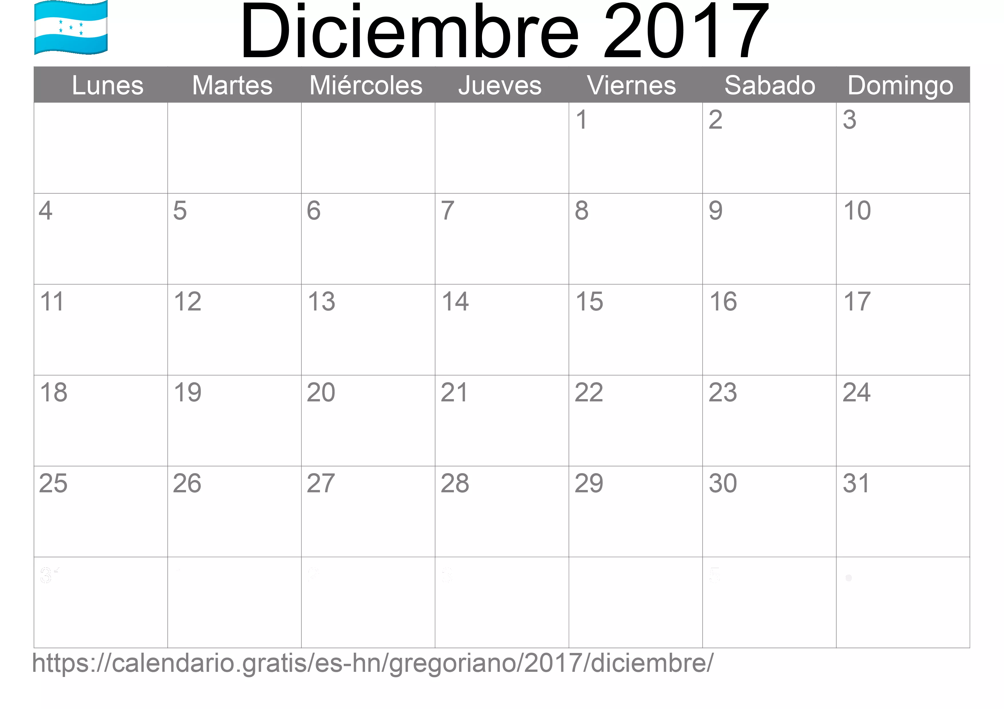 Calendario Diciembre 2017 para imprimir (Honduras)