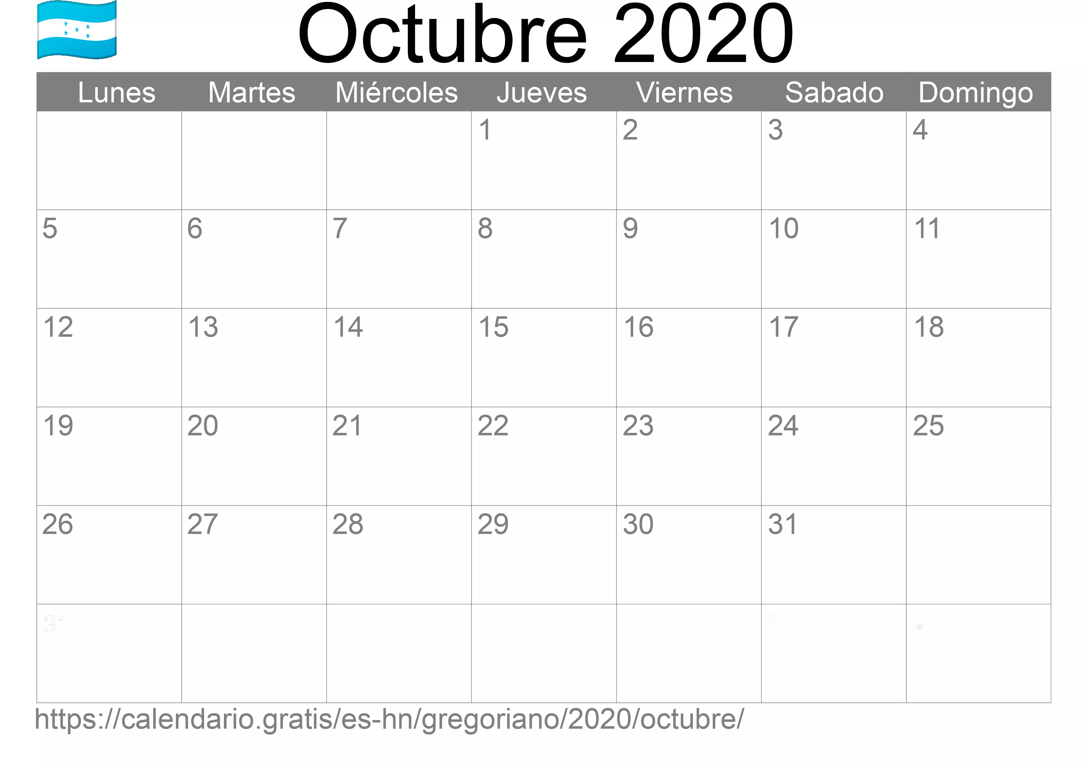 Calendario Octubre 2020 para imprimir (Honduras)