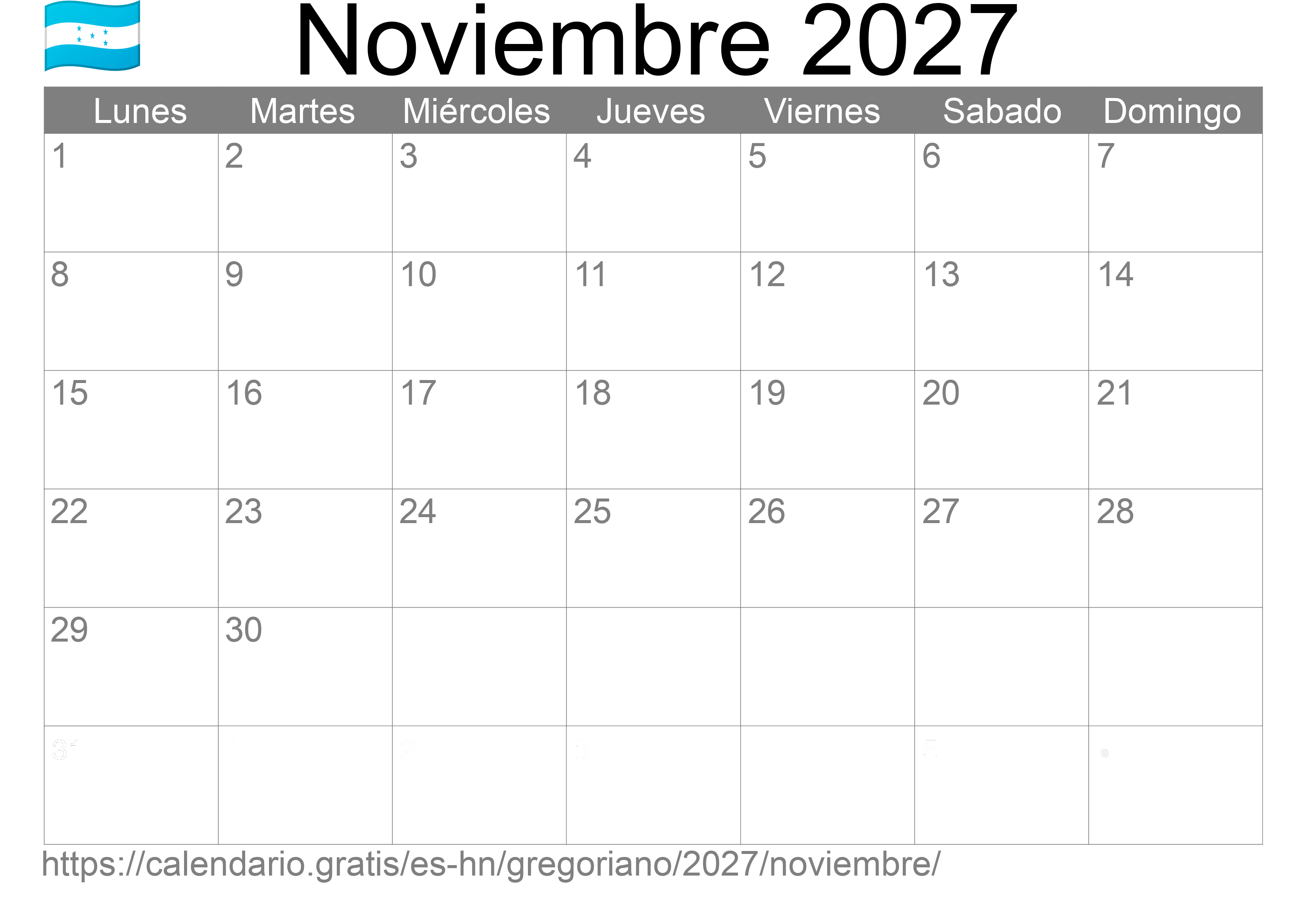 Calendario Noviembre 2027 para imprimir