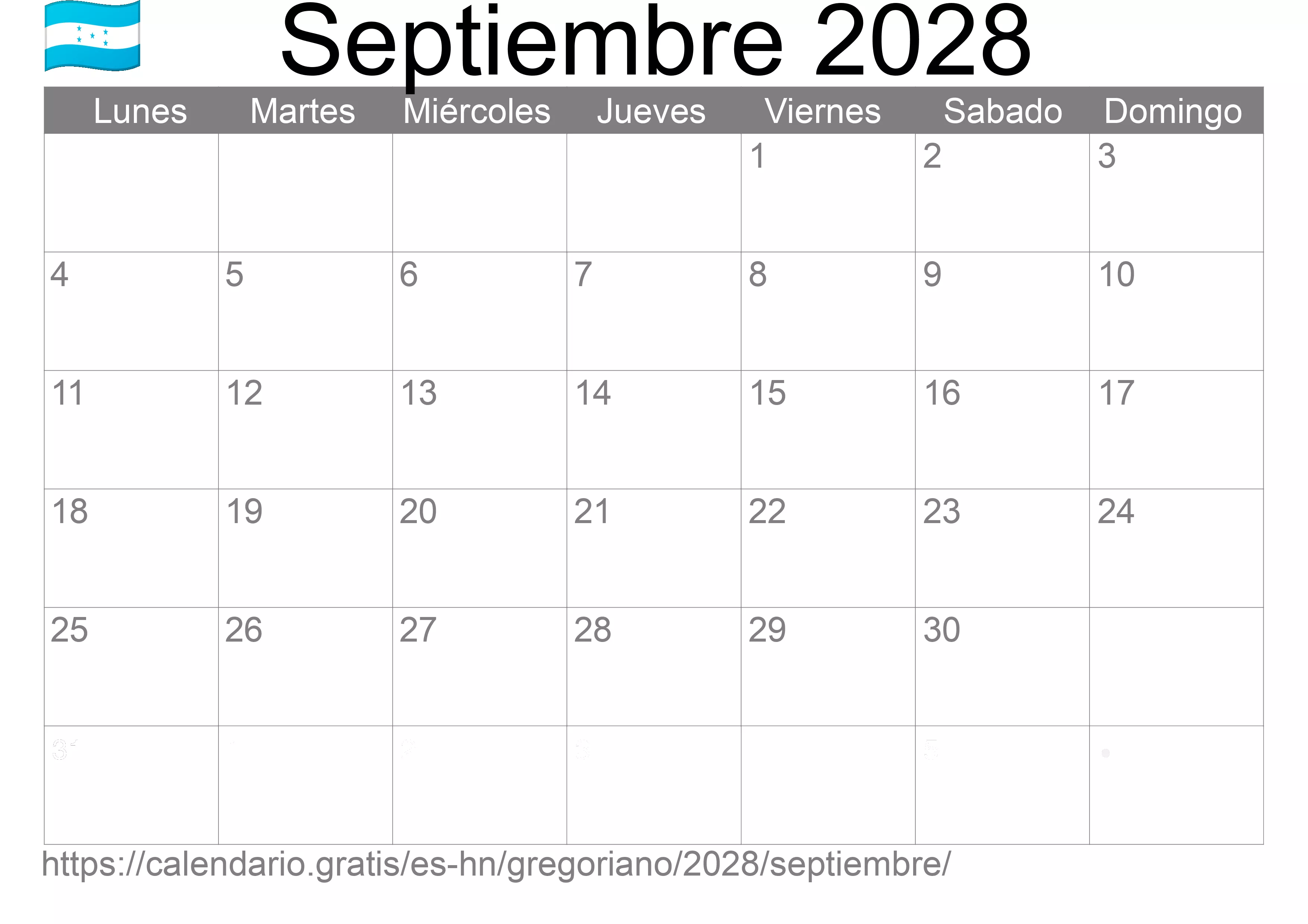 Calendario Septiembre 2028 para imprimir (Honduras)