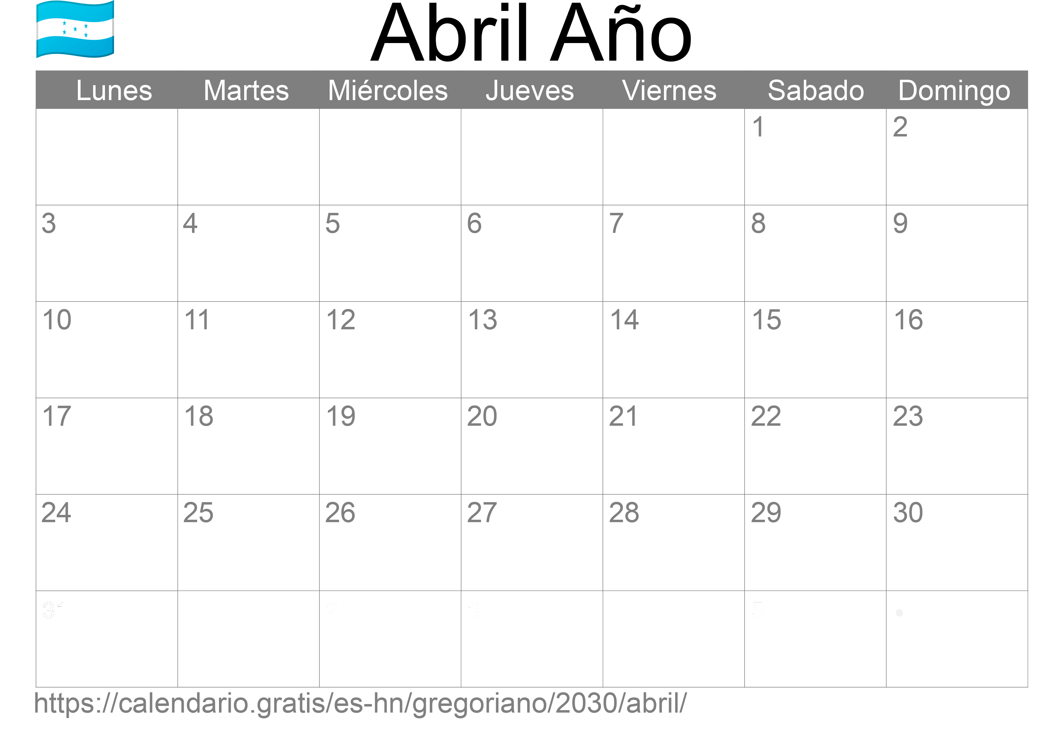 Calendario Abril 2030 para imprimir