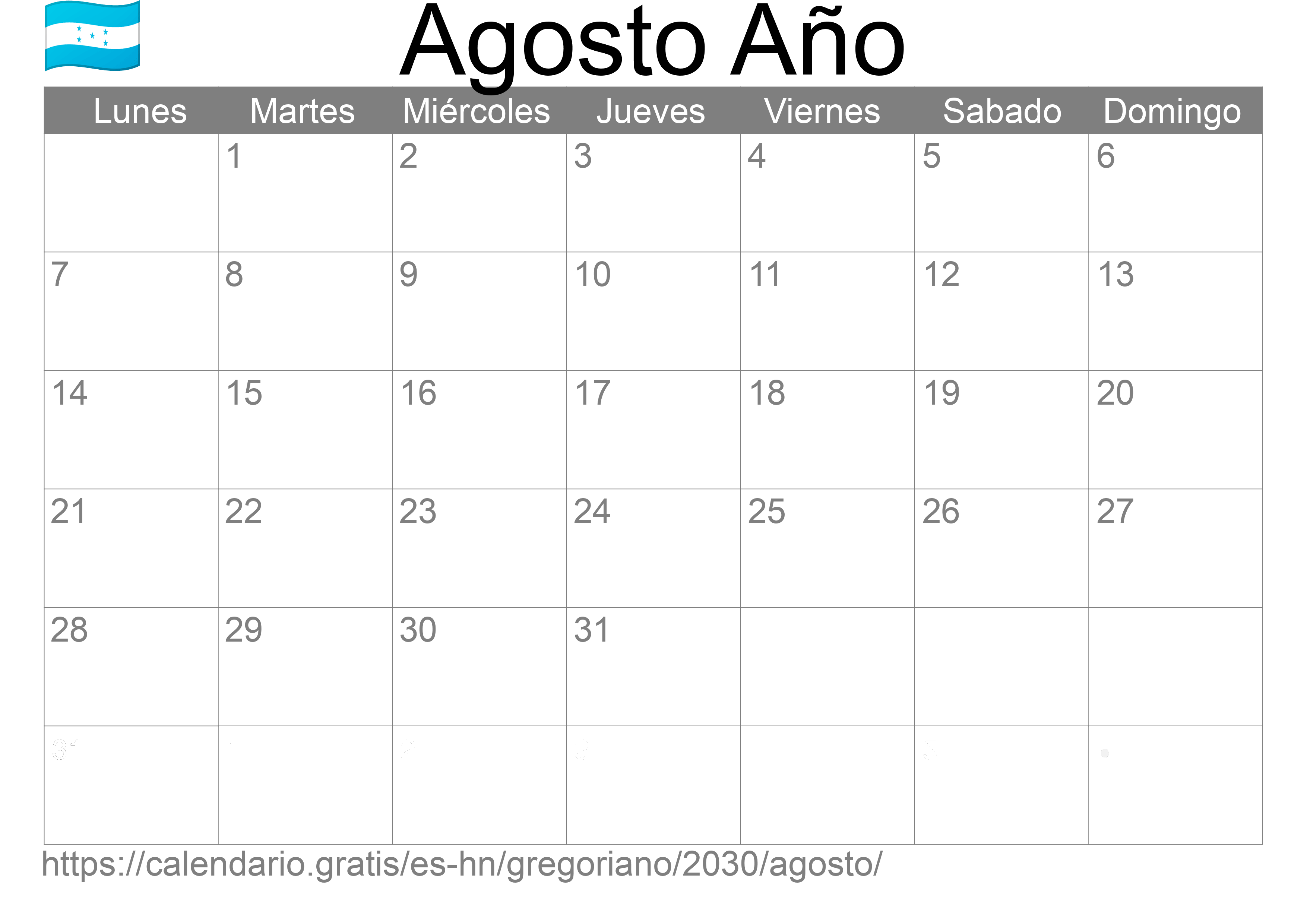 Calendario Agosto 2030 para imprimir