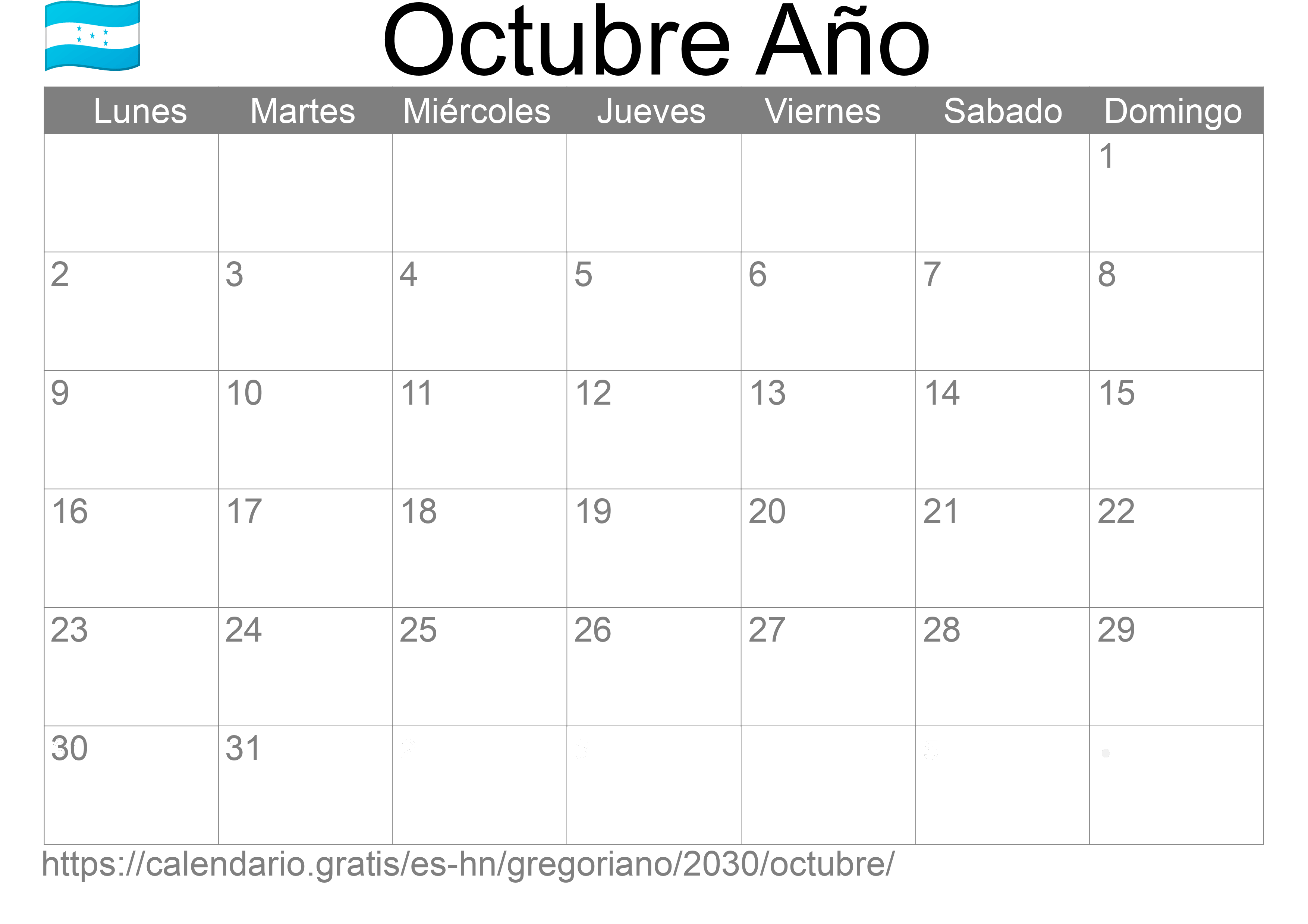 Calendario Octubre 2030 para imprimir