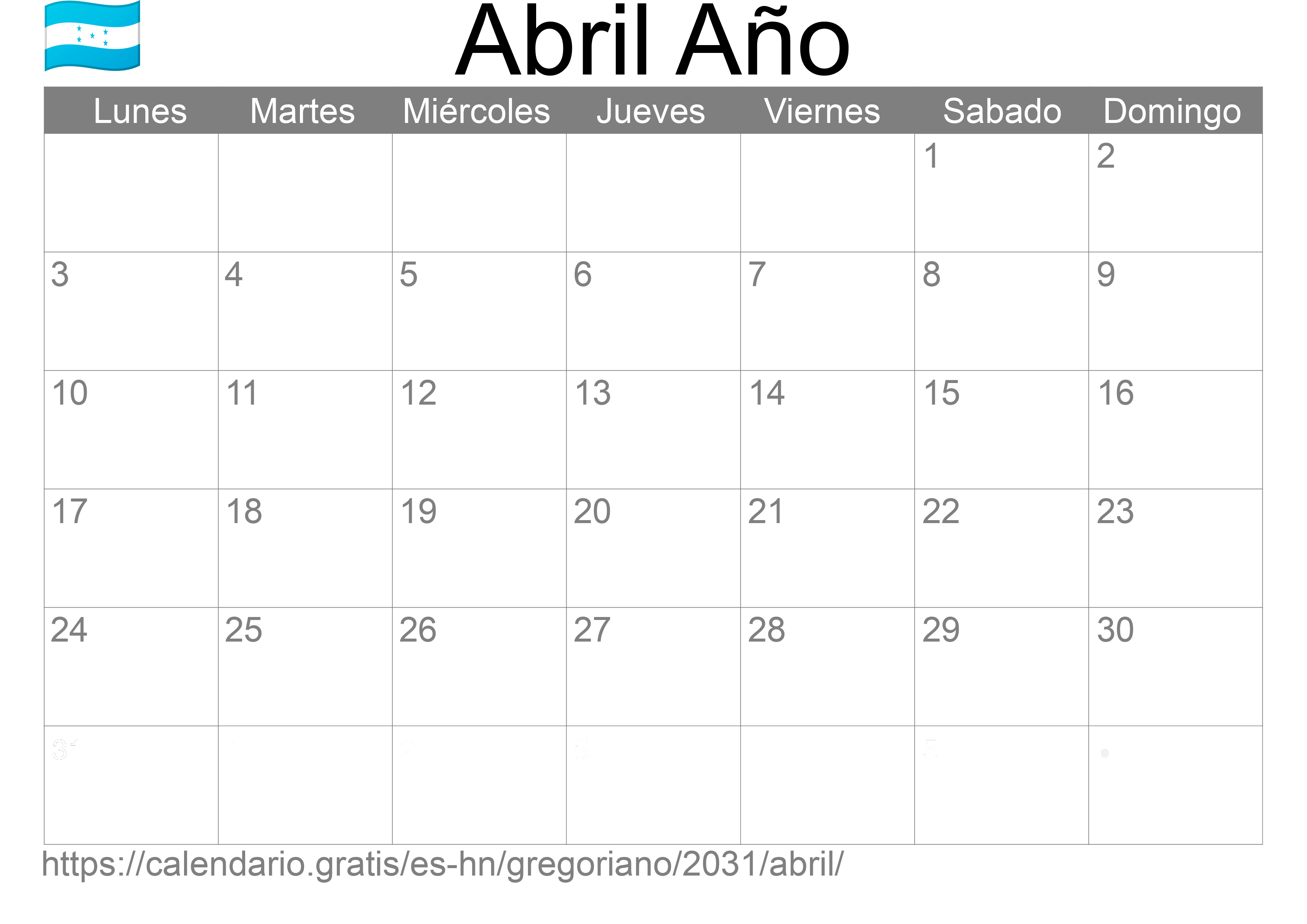 Calendario Abril 2031 para imprimir