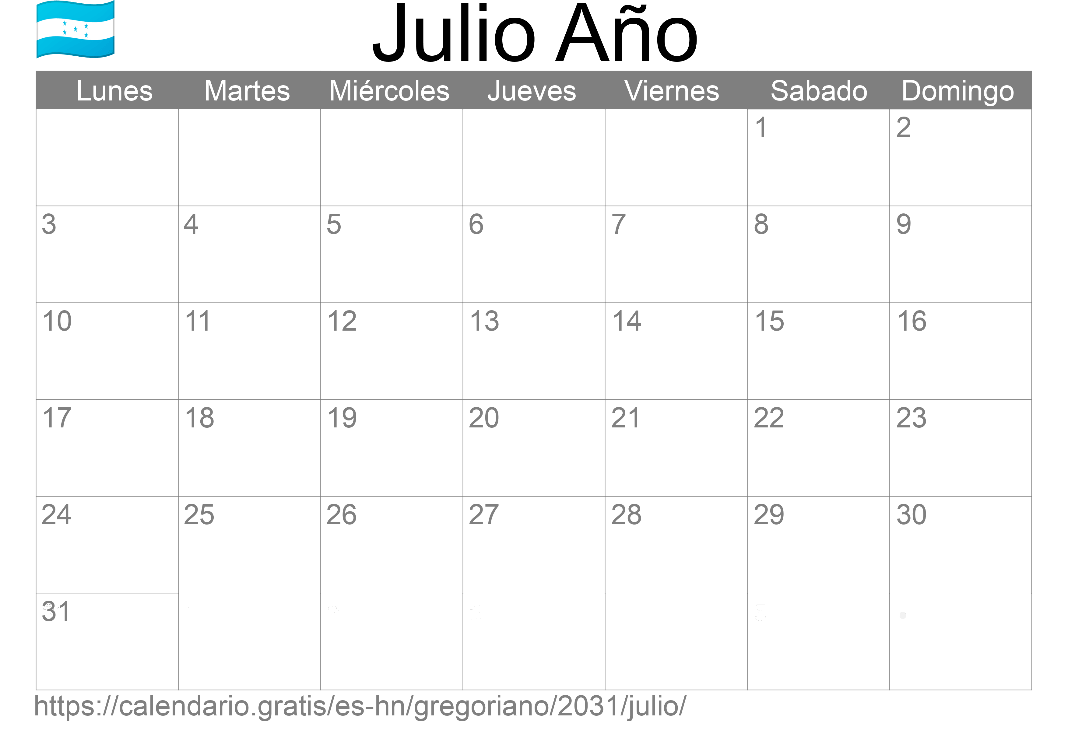 Calendario Julio 2031 para imprimir