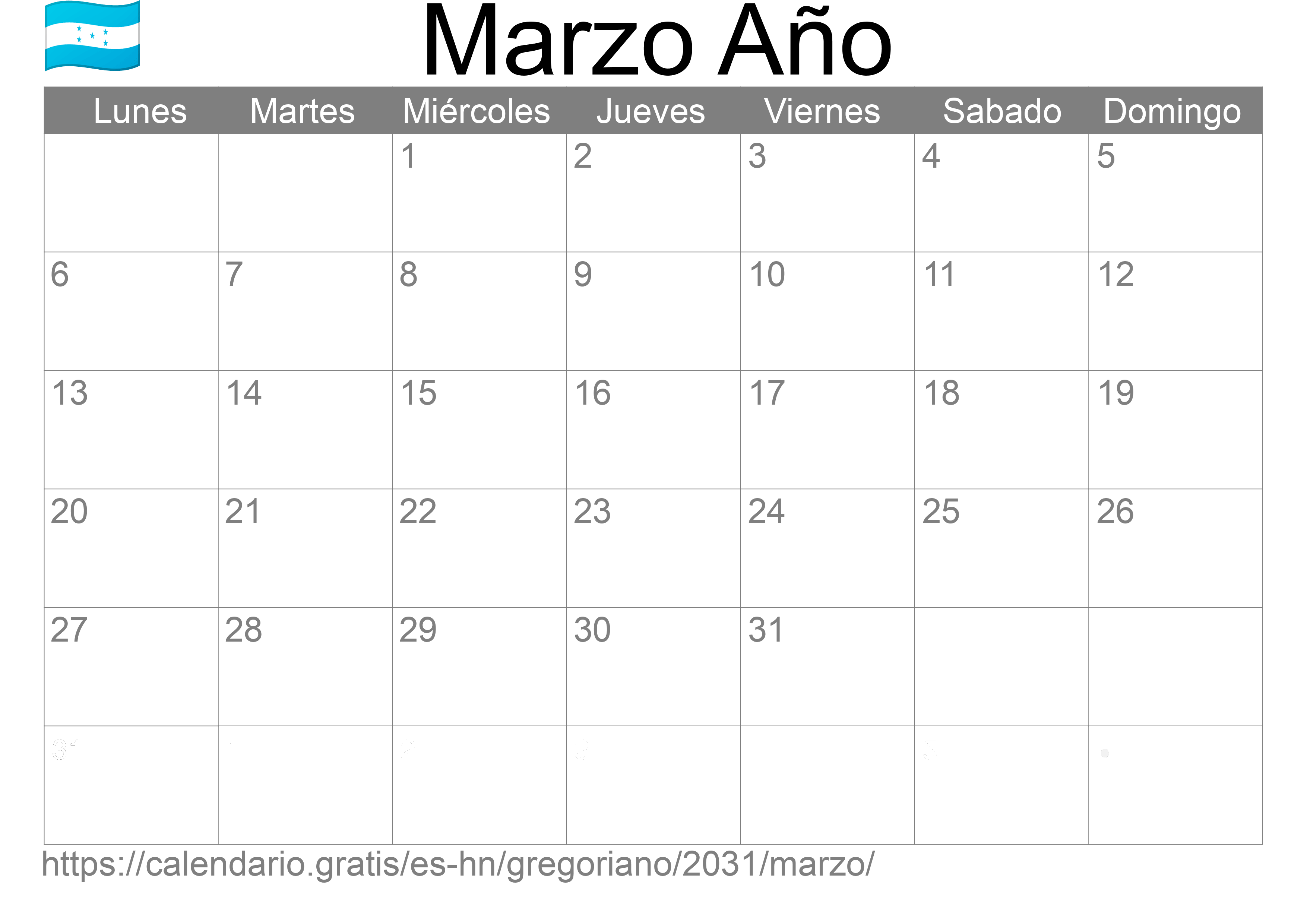 Calendario Marzo 2031 para imprimir