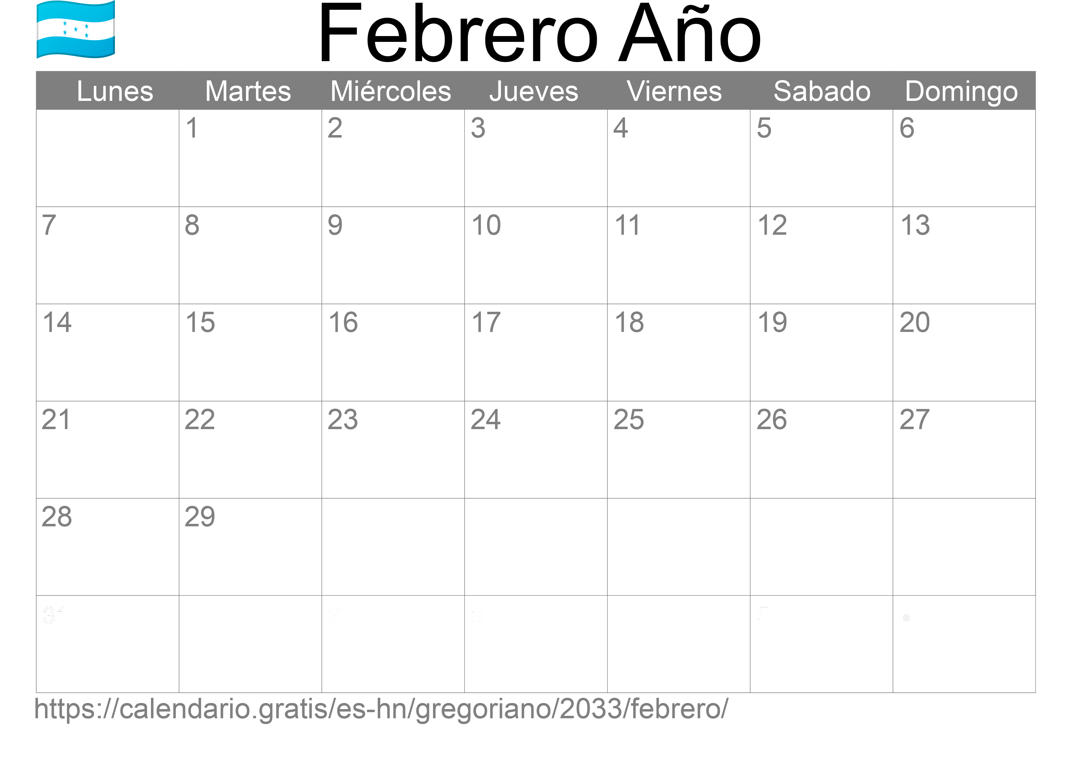 Calendario Febrero 2033 para imprimir