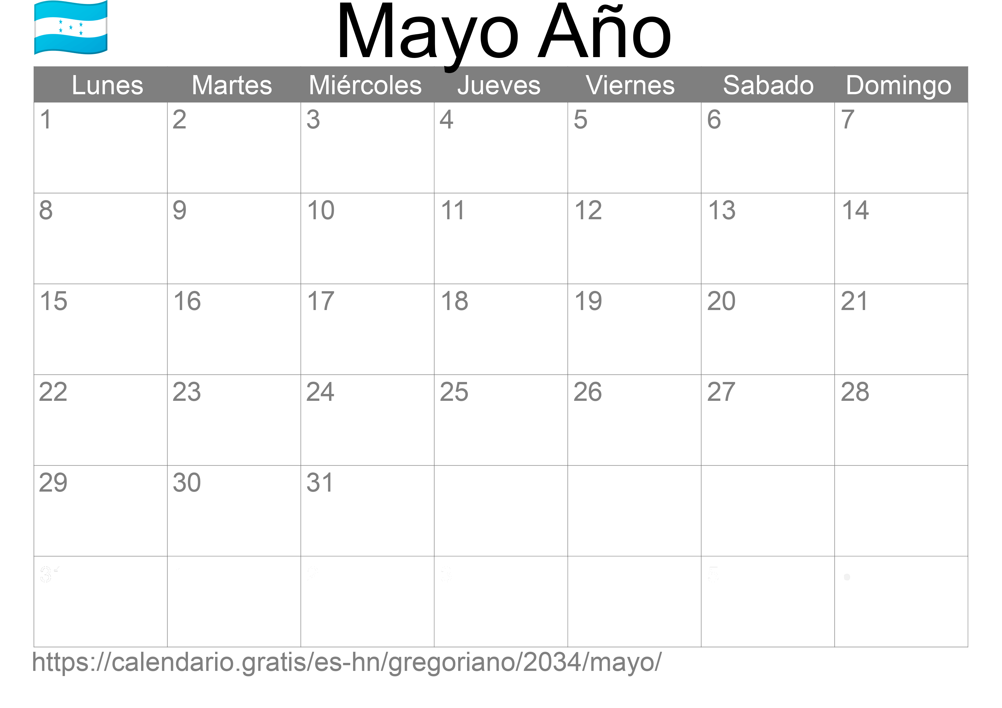 Calendario Mayo 2034 para imprimir