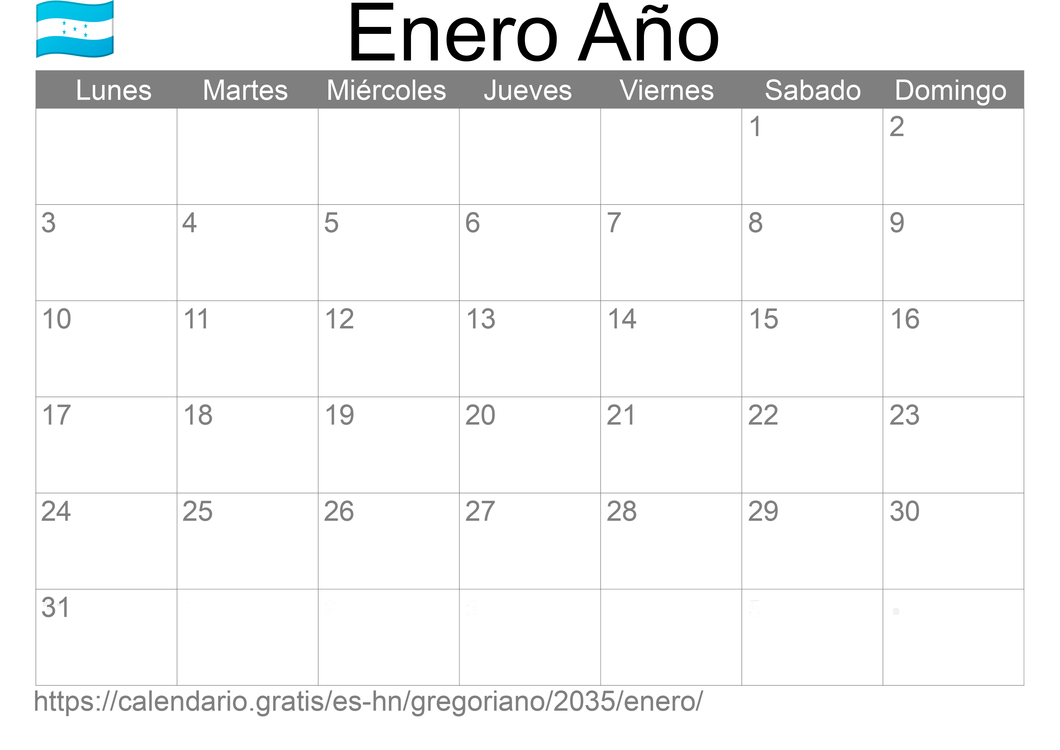 Calendario Enero 2035 para imprimir