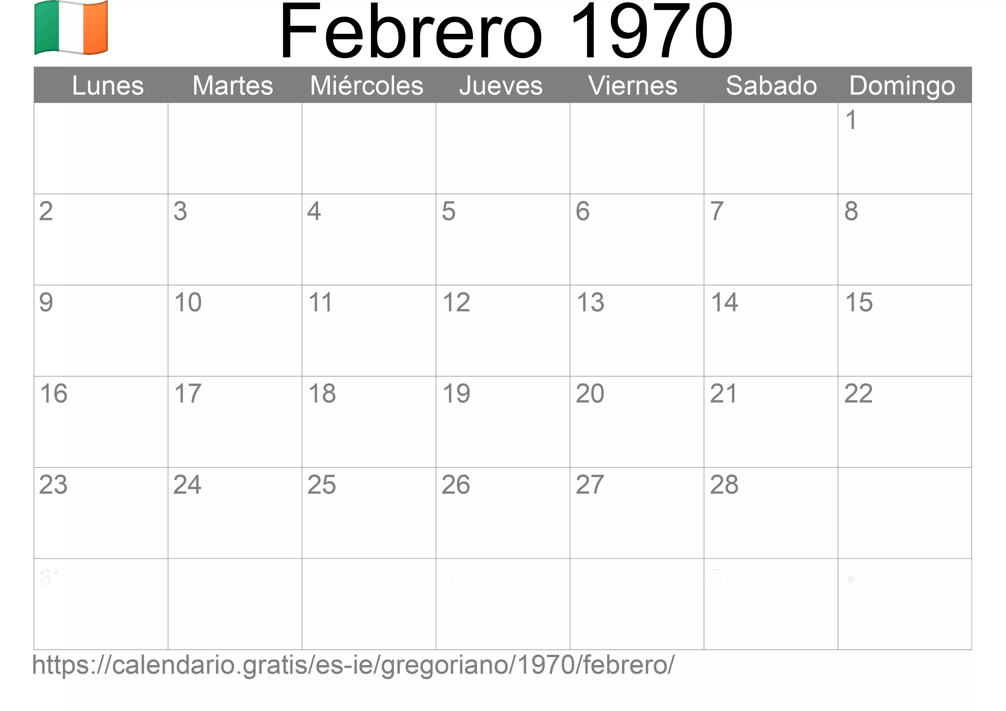 Calendario Febrero 1970 para imprimir (Irlanda)