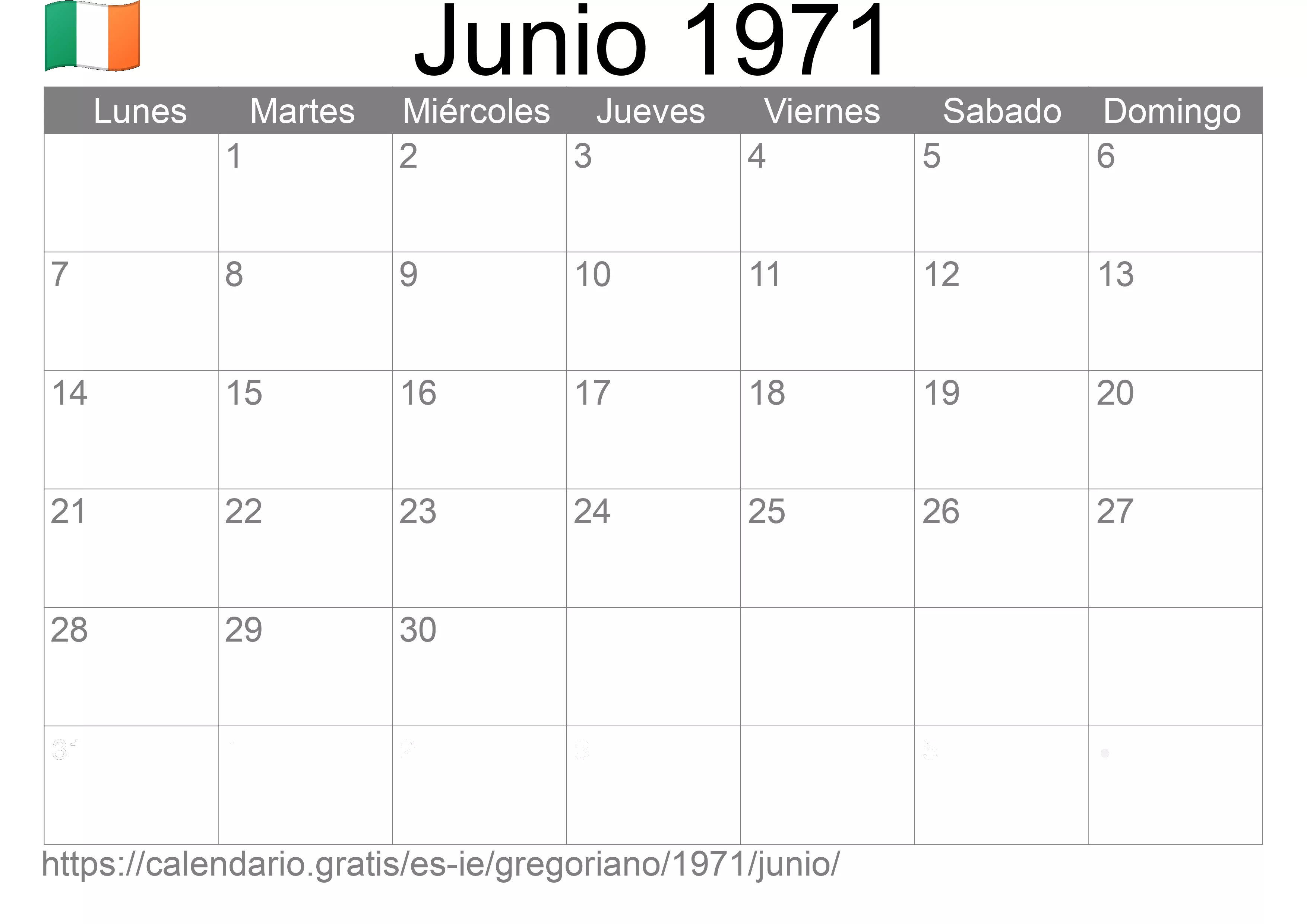 Calendario Junio 1971 para imprimir (Irlanda)