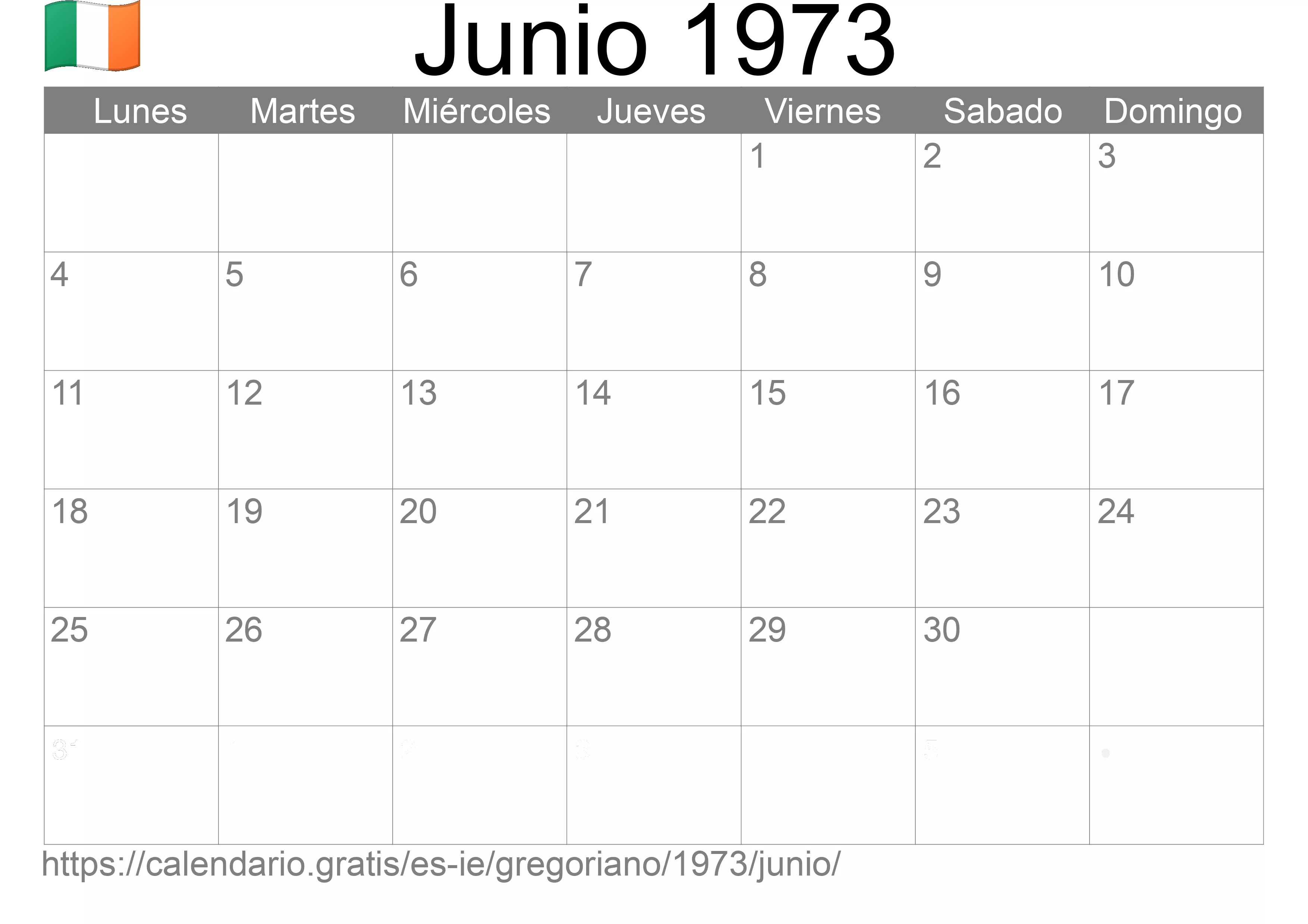 Calendario Junio 1973 para imprimir (Irlanda)