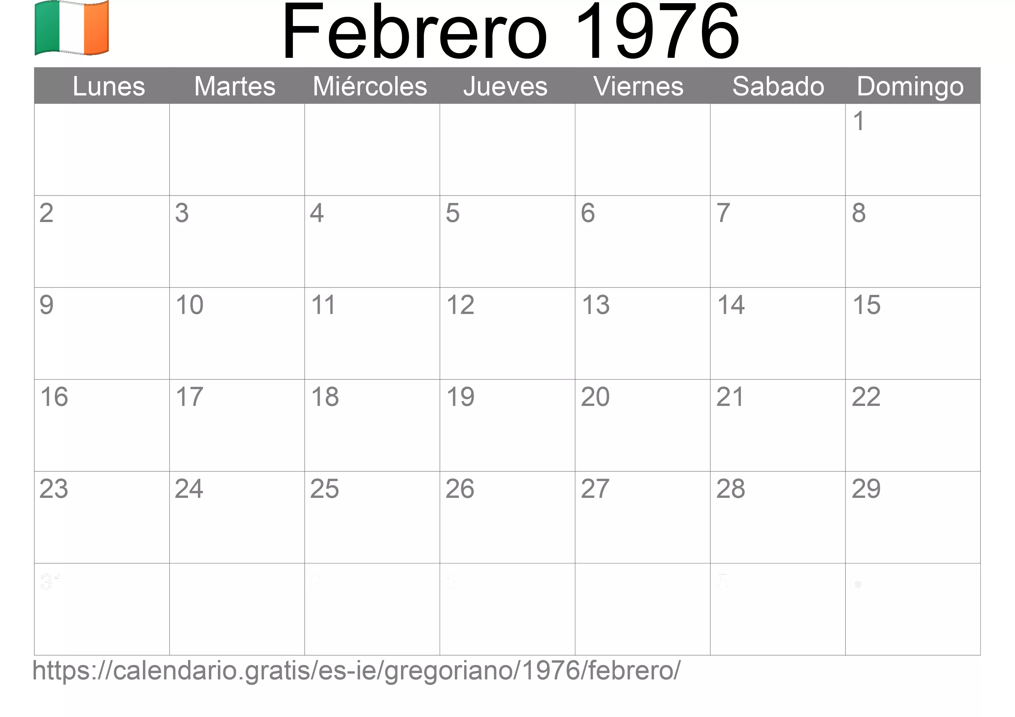 Calendario Febrero 1976 para imprimir (Irlanda)