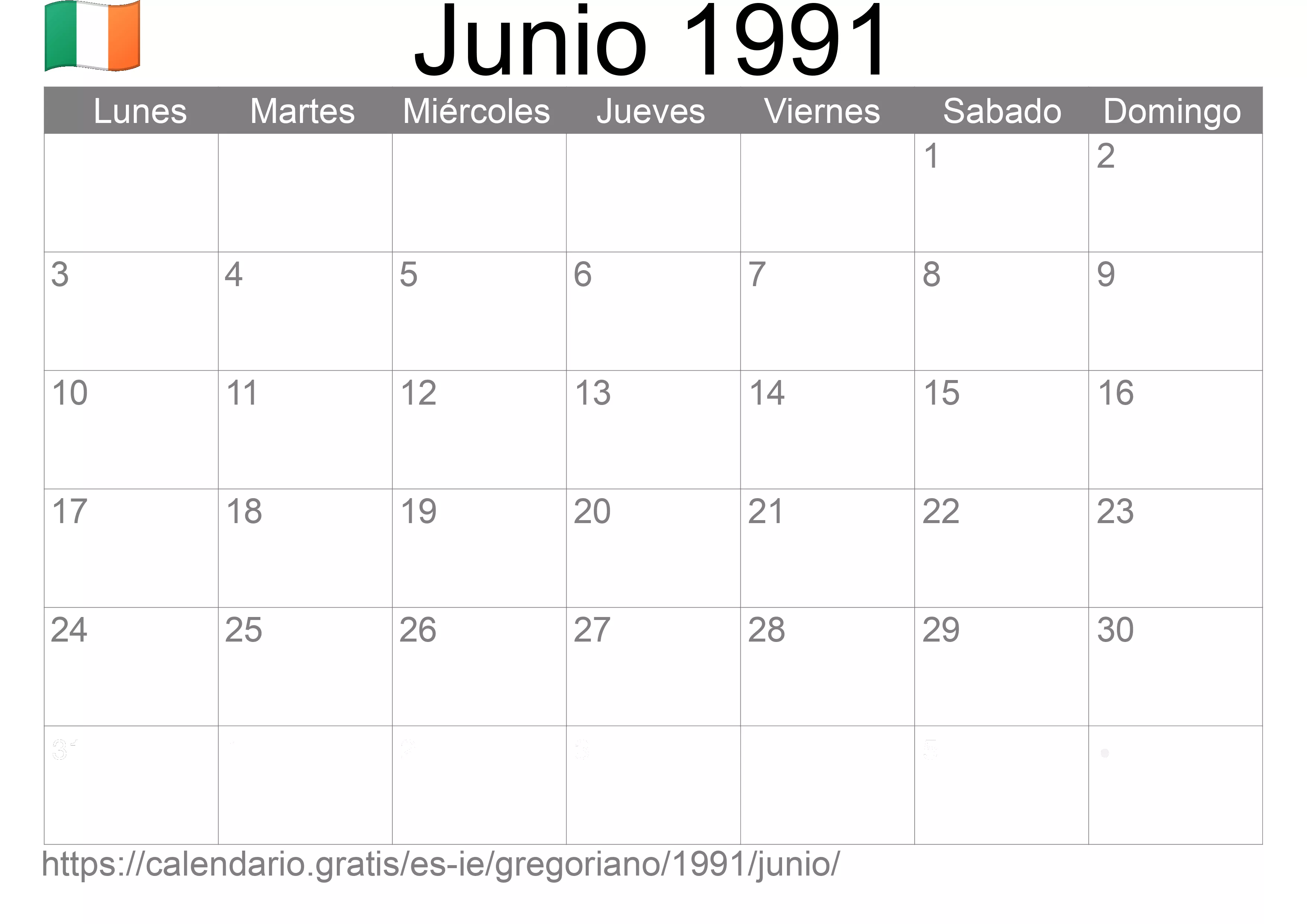 Calendario Junio 1991 para imprimir (Irlanda)
