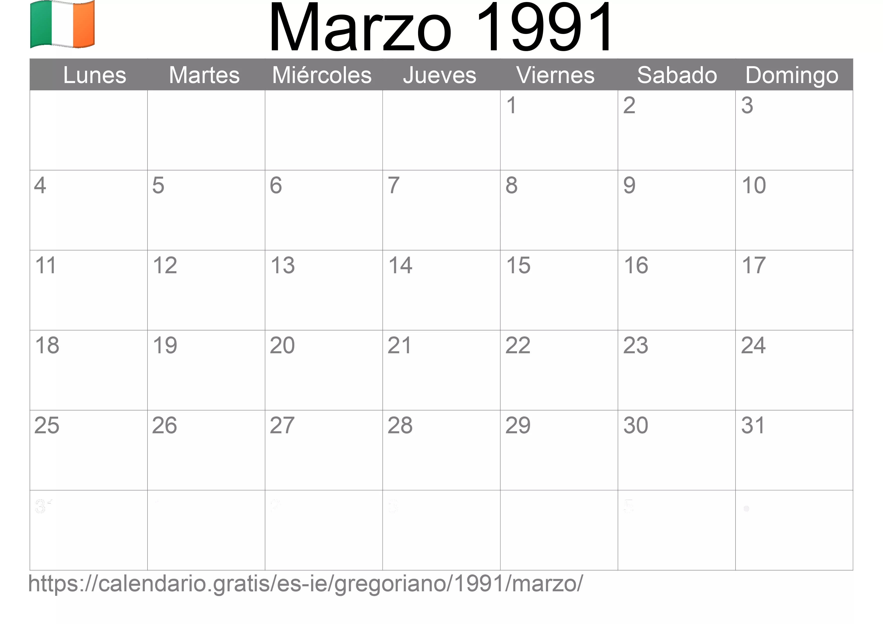 Calendario Marzo 1991 para imprimir (Irlanda)