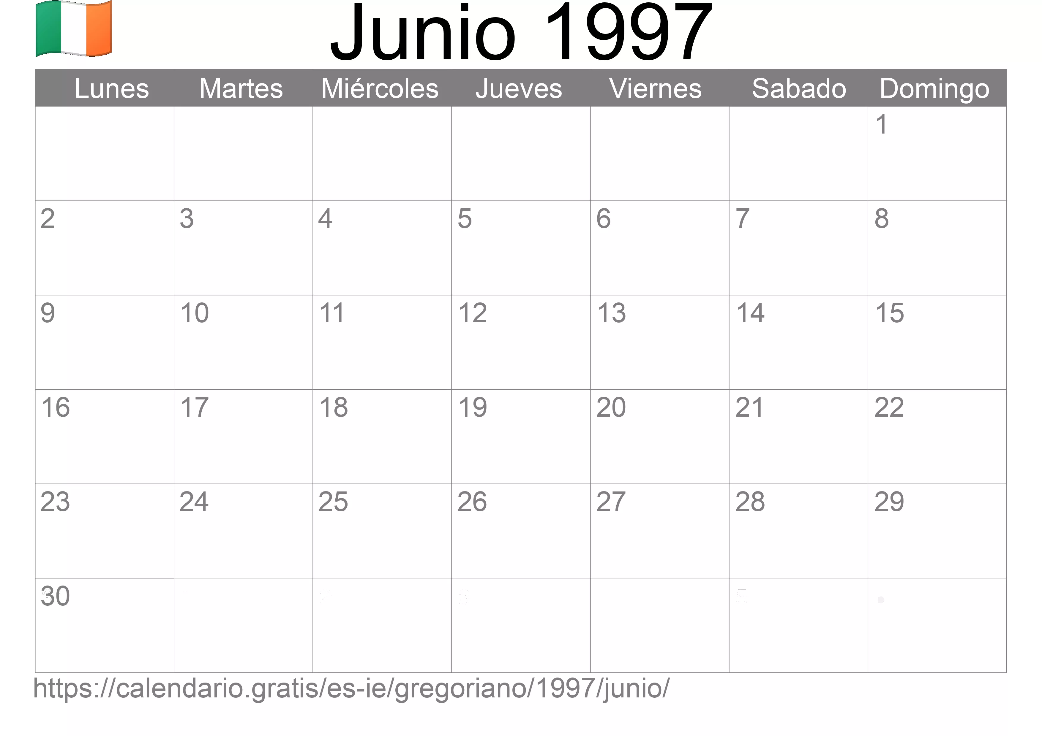 Calendario Junio 1997 para imprimir (Irlanda)