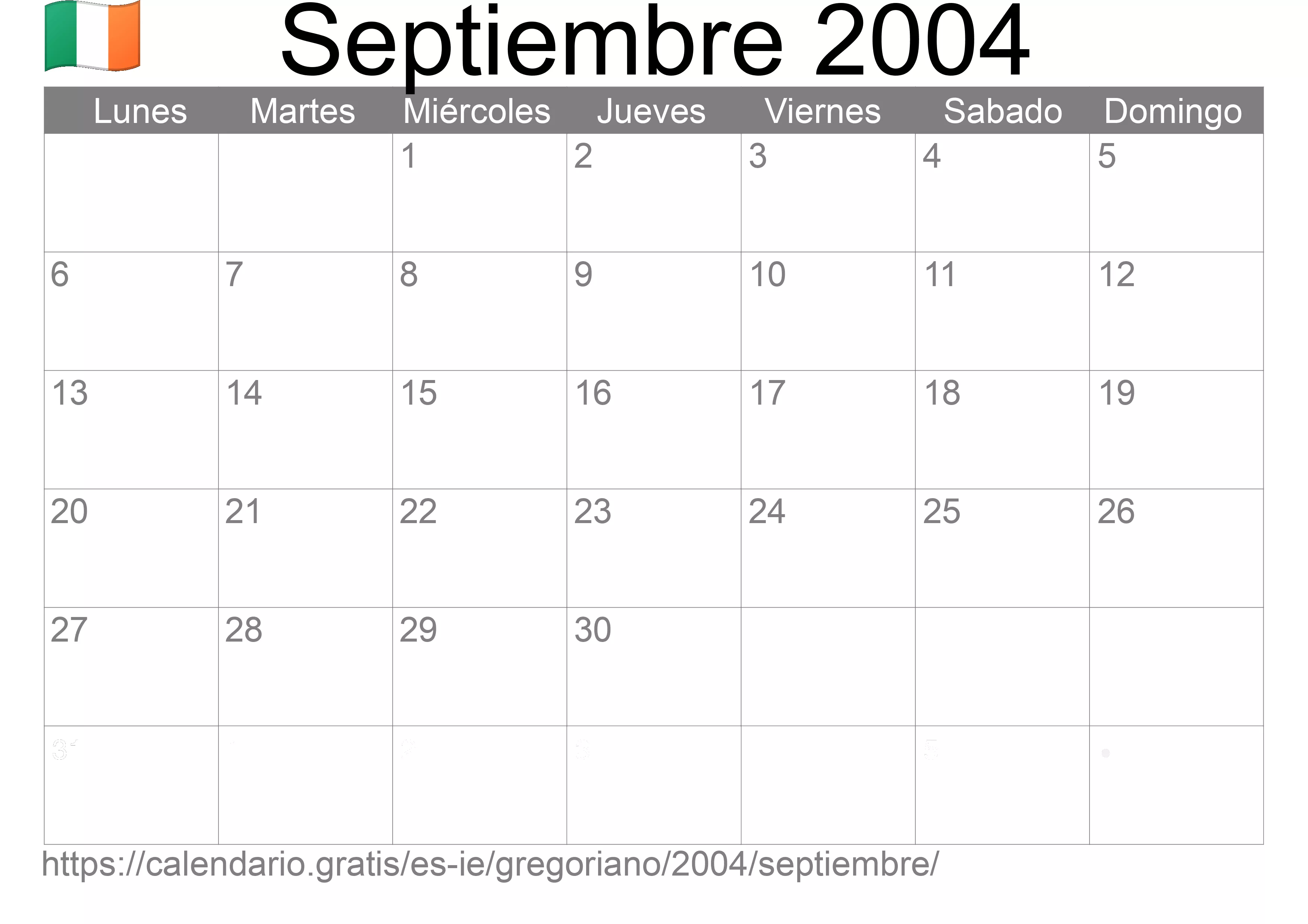 Calendario Septiembre 2004 para imprimir (Irlanda)