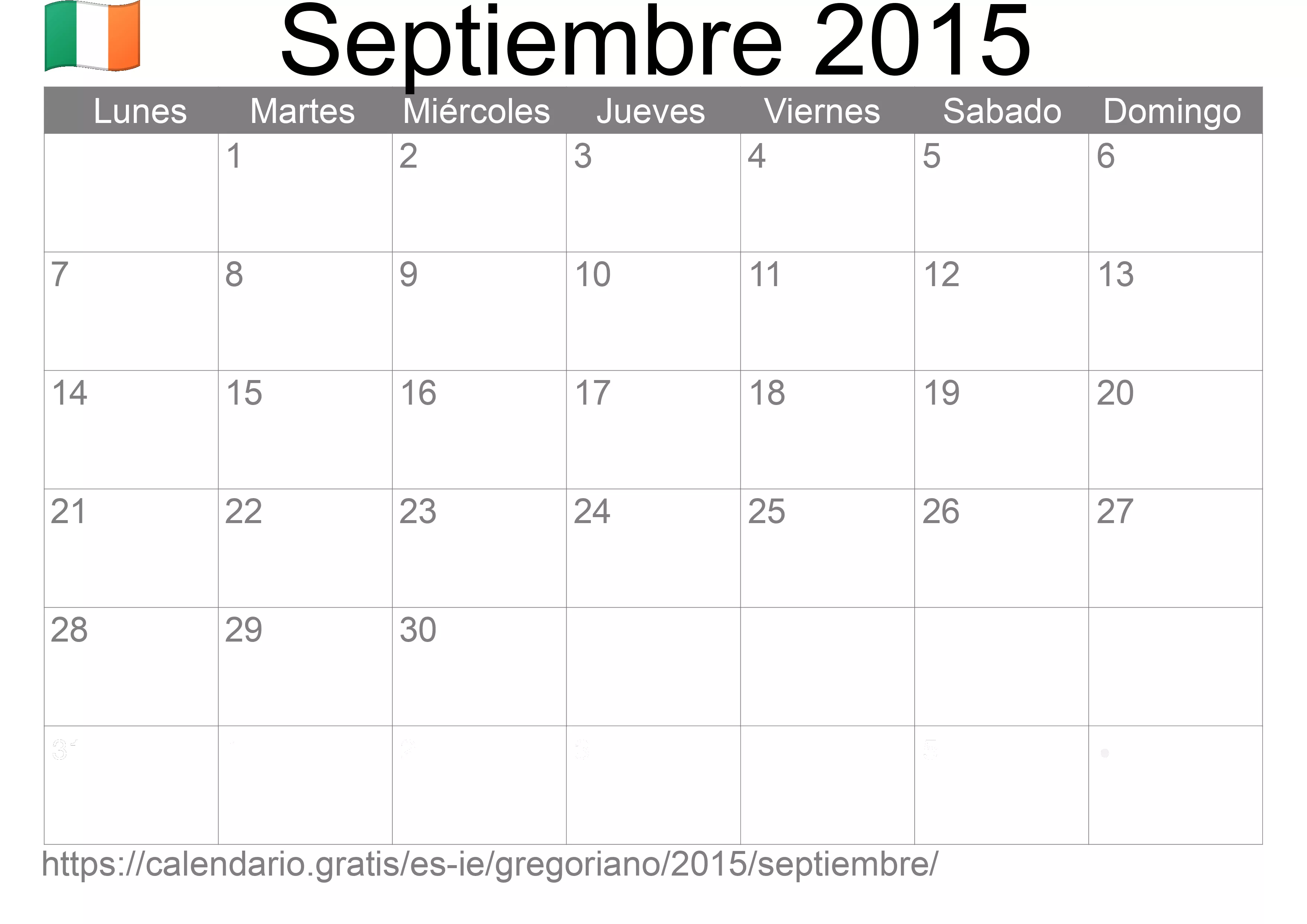 Calendario Septiembre 2015 para imprimir (Irlanda)