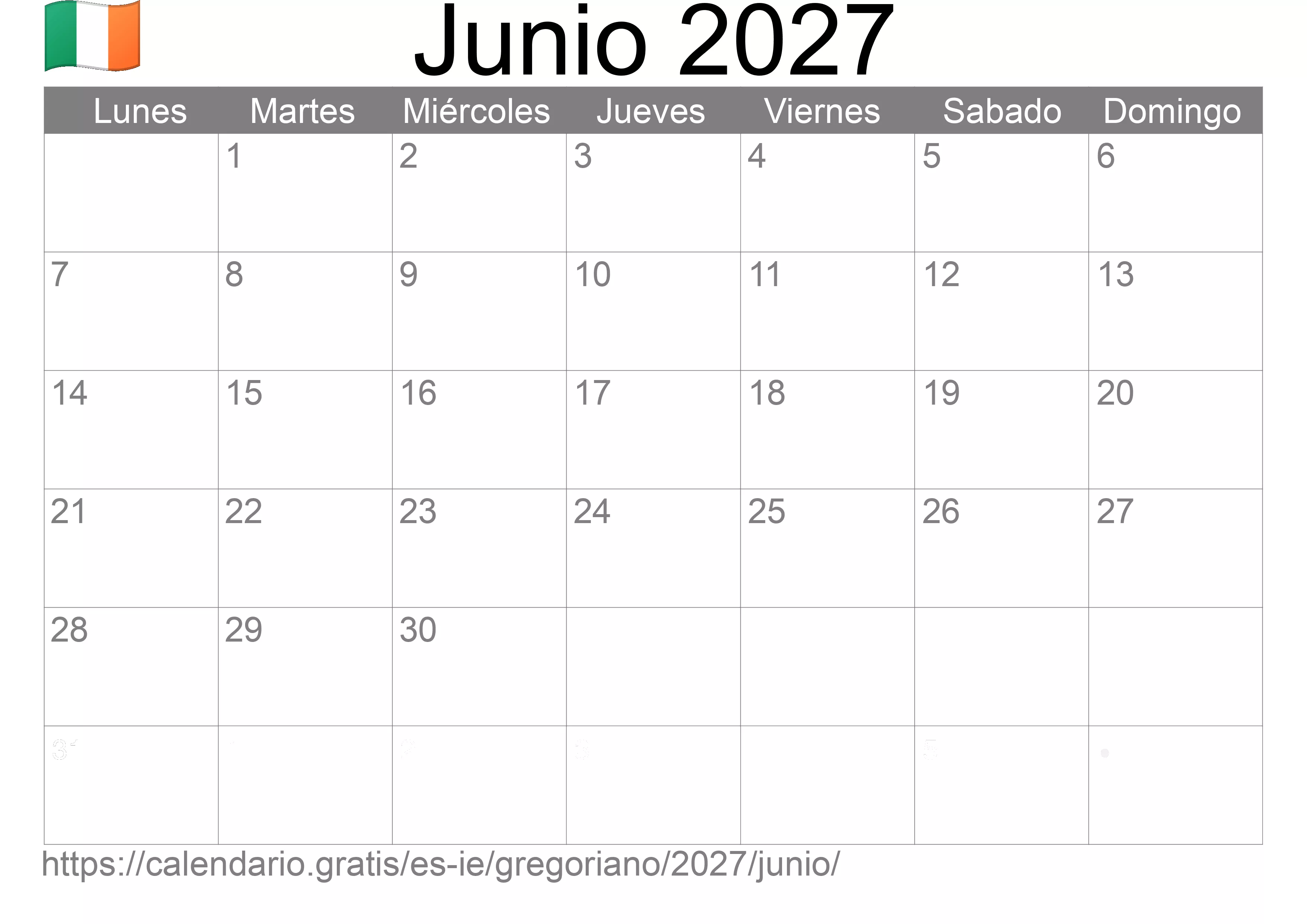 Calendario Junio 2027 para imprimir (Irlanda)