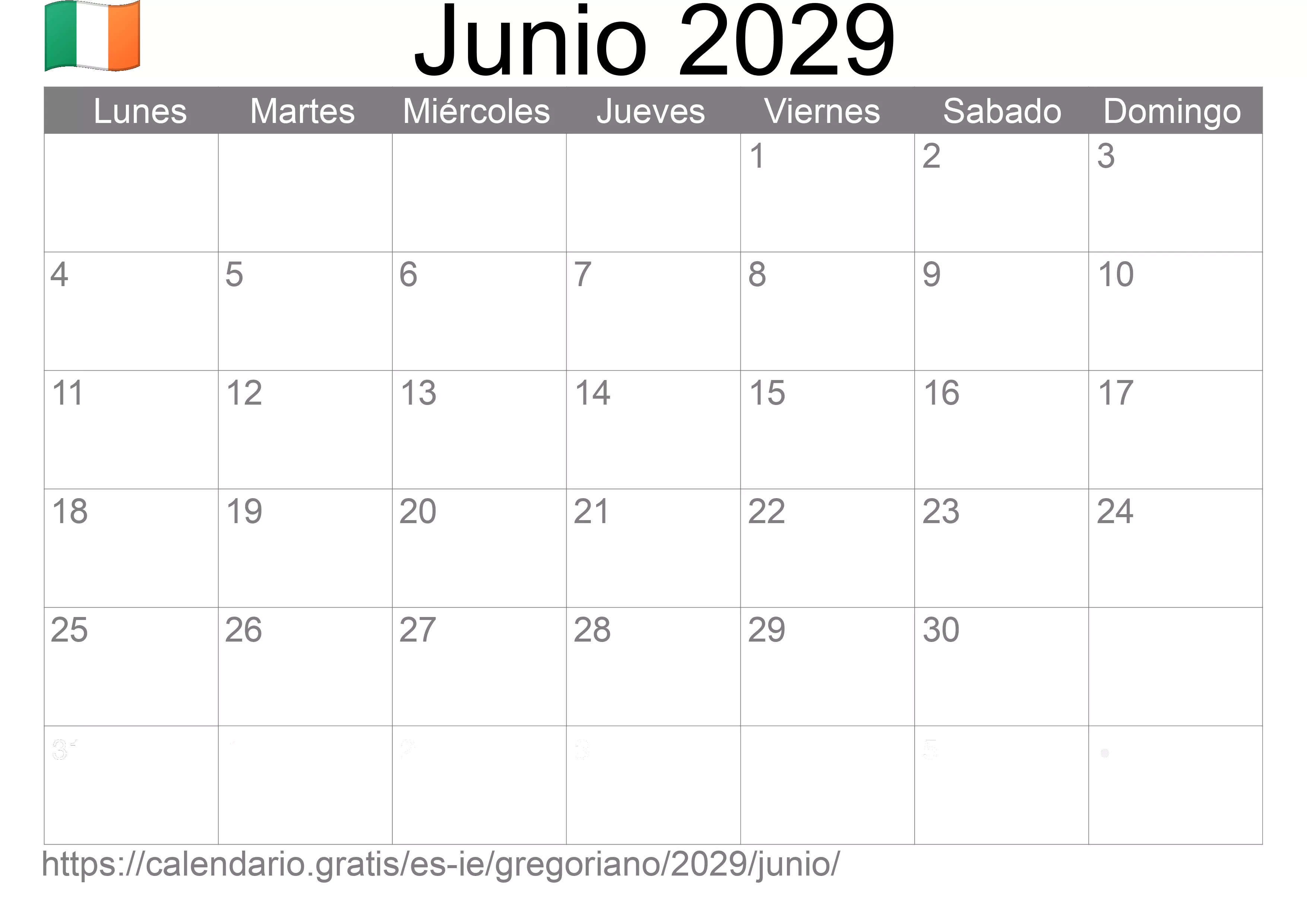 Calendario Junio 2029 para imprimir (Irlanda)