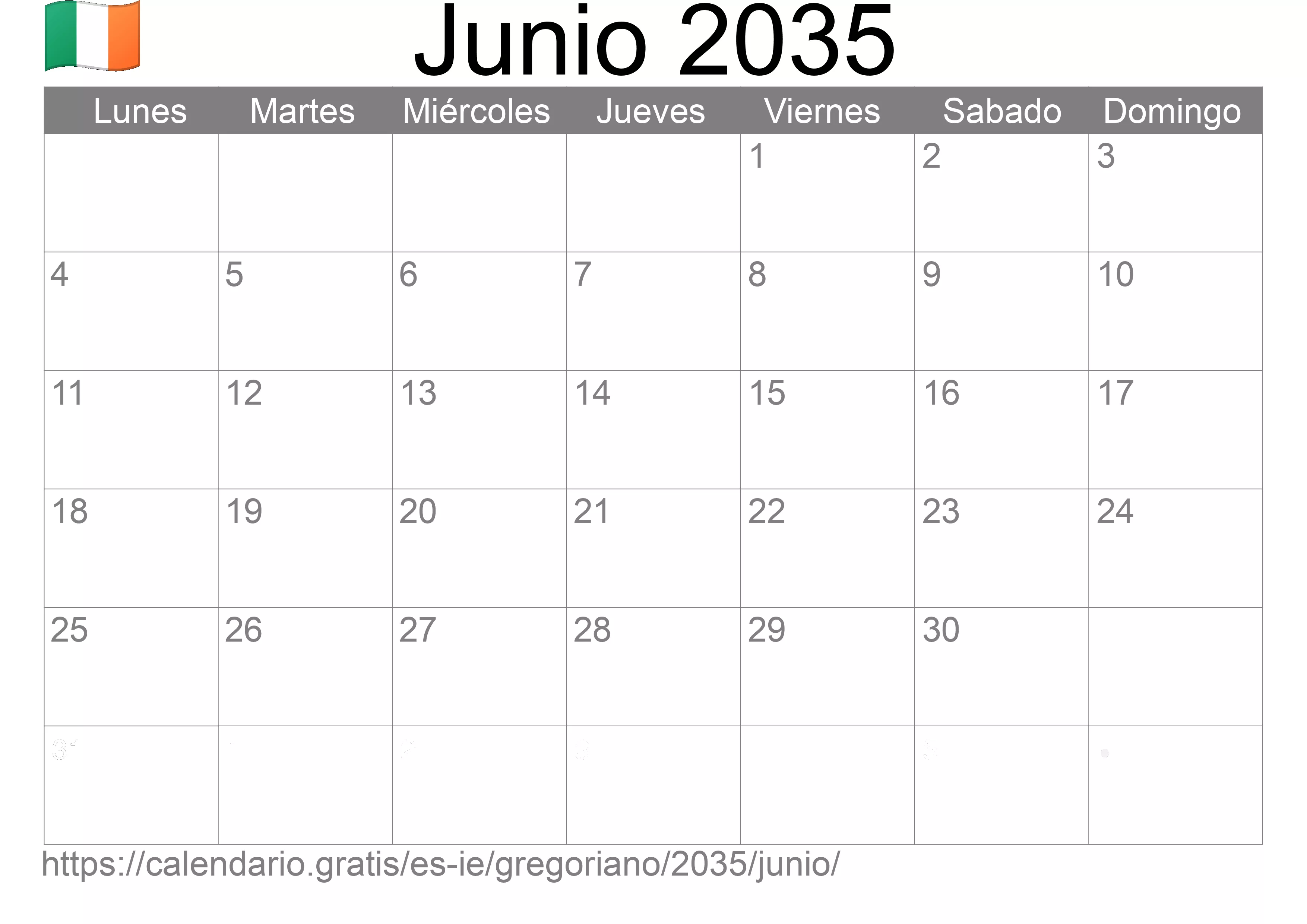 Calendario Junio 2035 para imprimir (Irlanda)