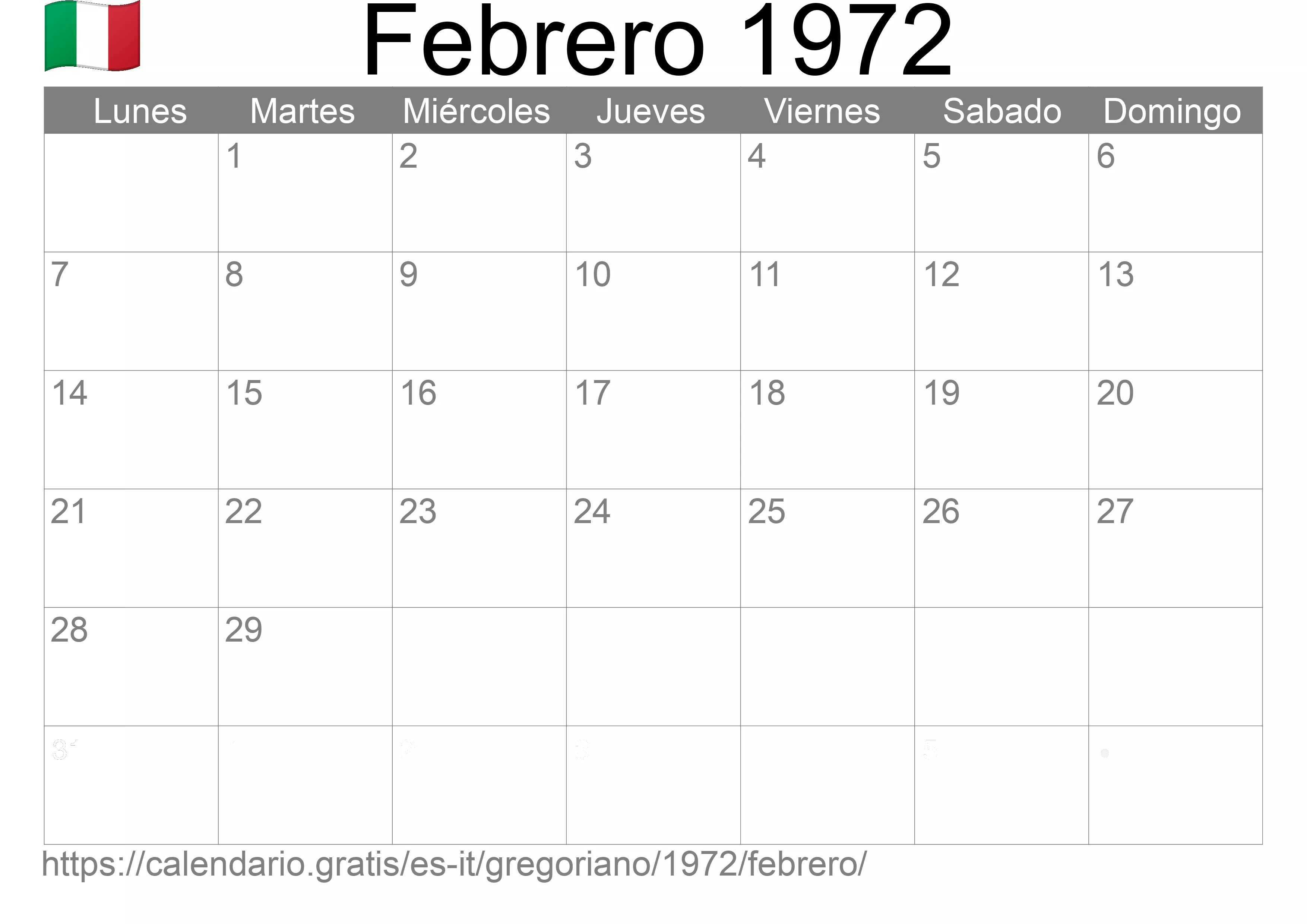 Calendario Febrero 1972 para imprimir (Italia)
