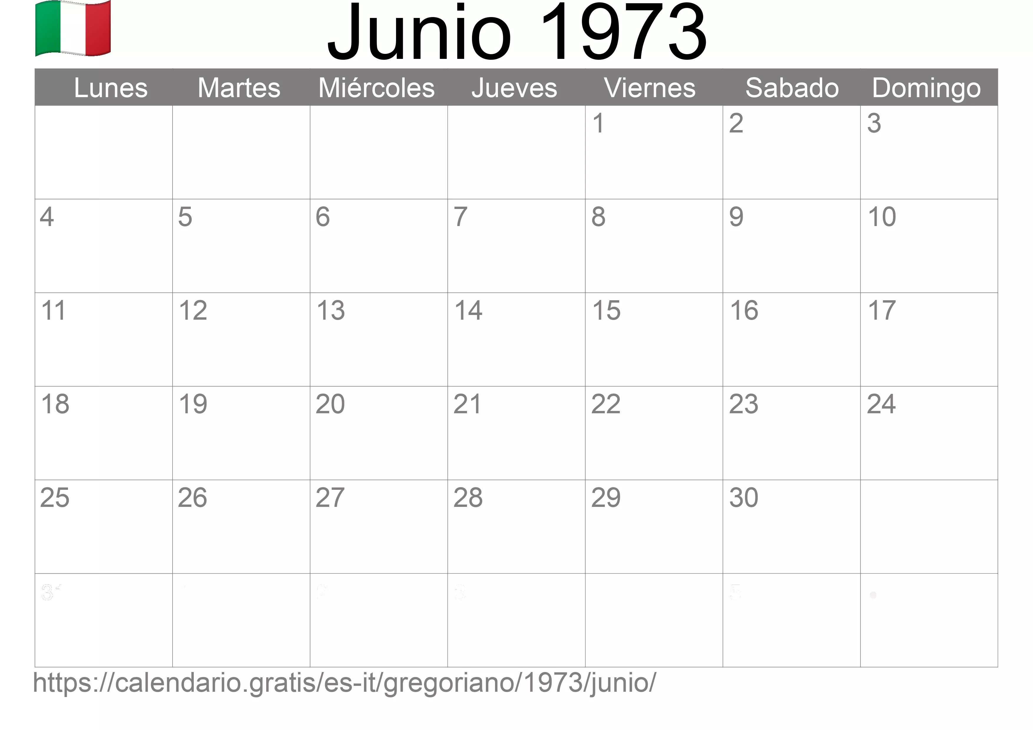 Calendario Junio 1973 para imprimir (Italia)