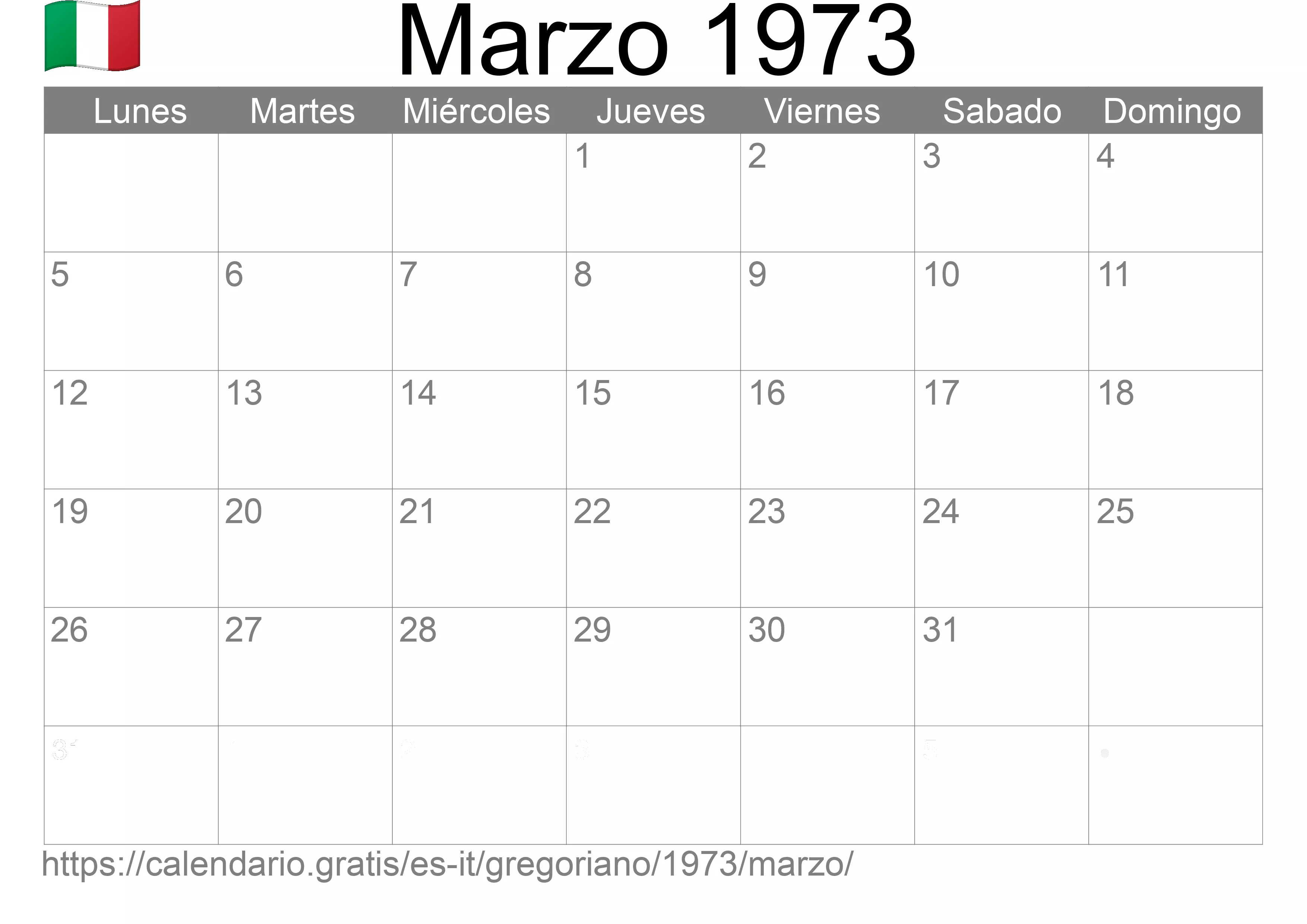 Calendario Marzo 1973 para imprimir (Italia)