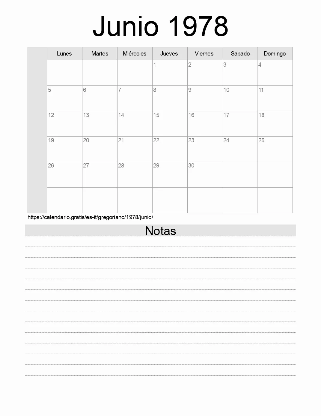 Calendario Junio 1978 para imprimir con notas. (Italia)