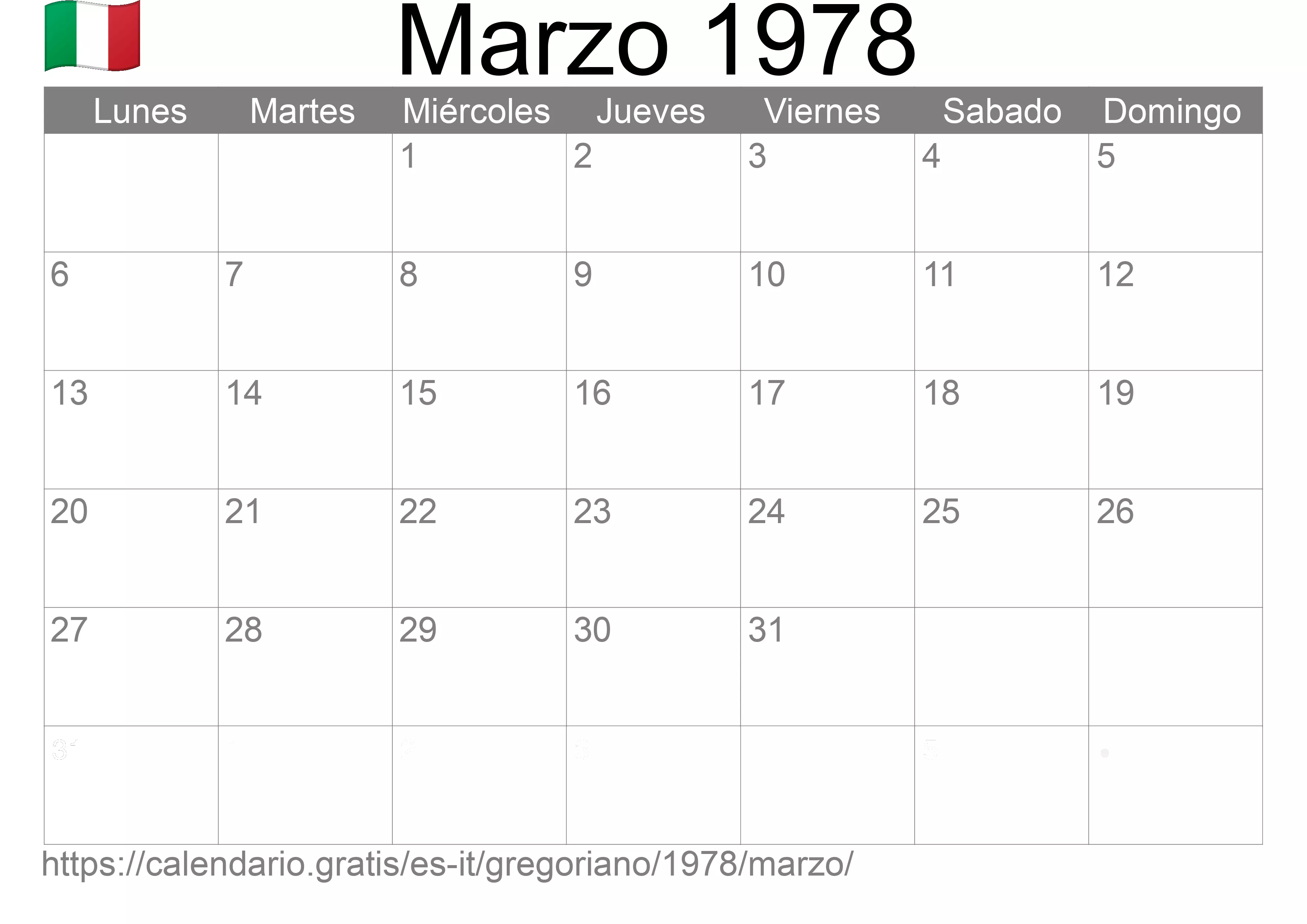 Calendario Marzo 1978 para imprimir (Italia)