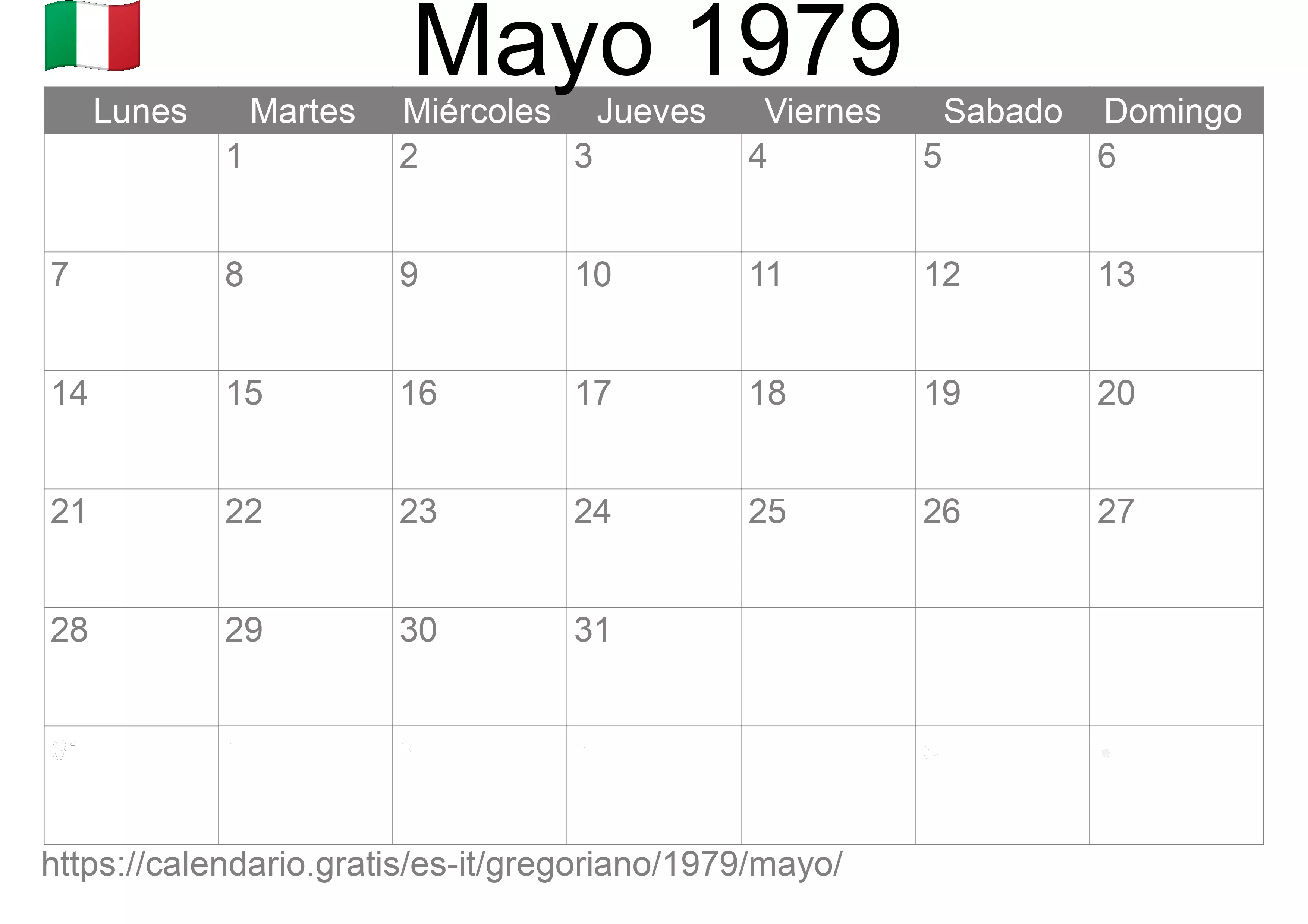 Calendario Mayo 1979 para imprimir (Italia)