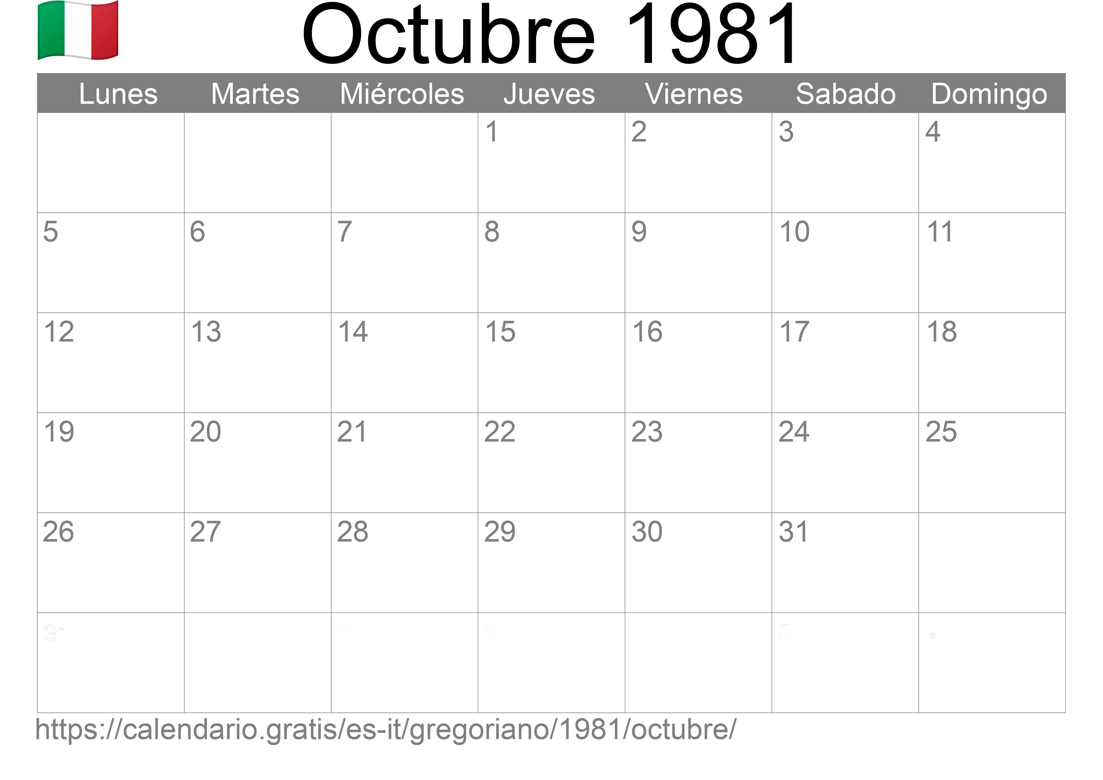 Calendario Octubre 1981 para imprimir