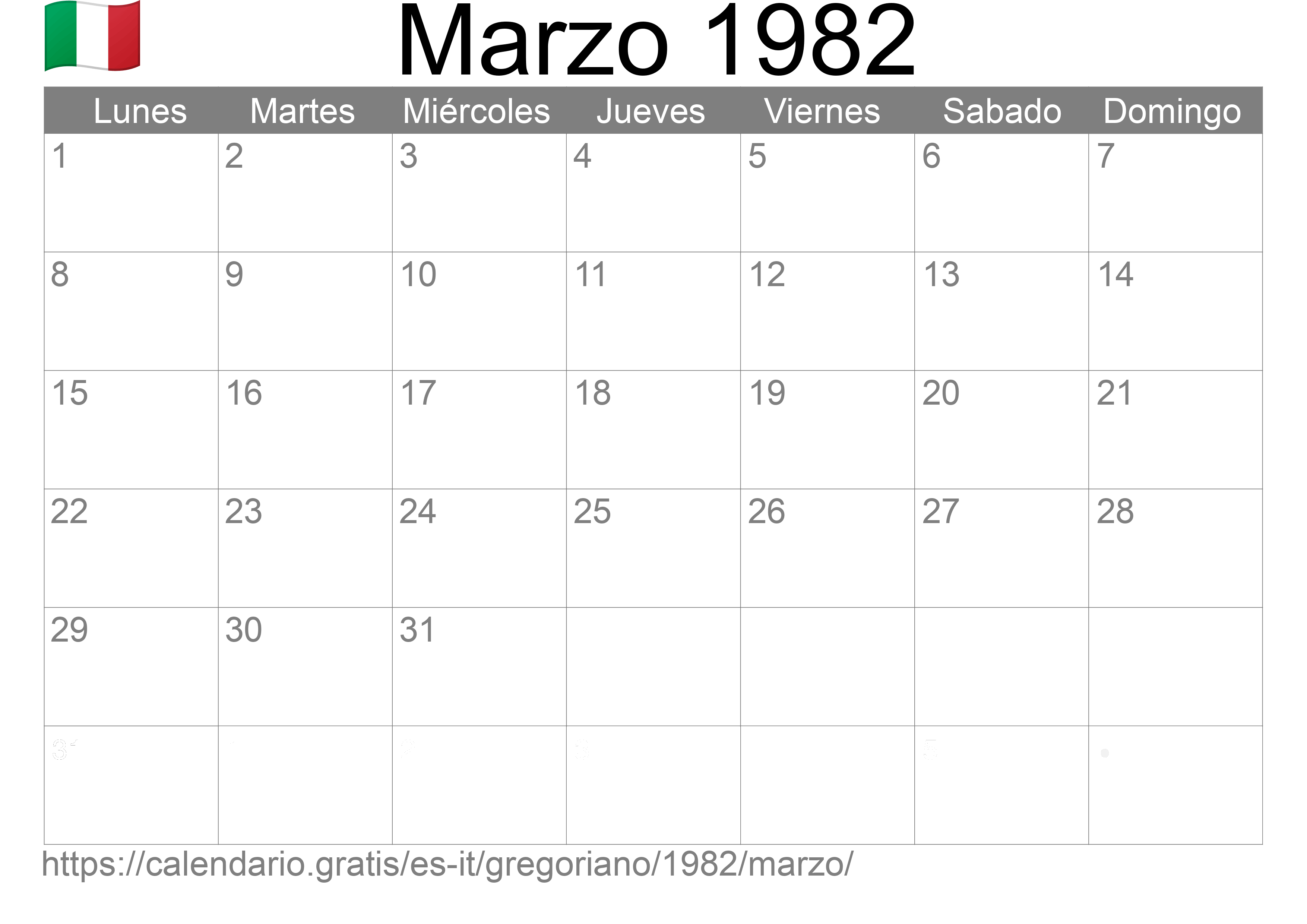 Calendario Marzo 1982 para imprimir