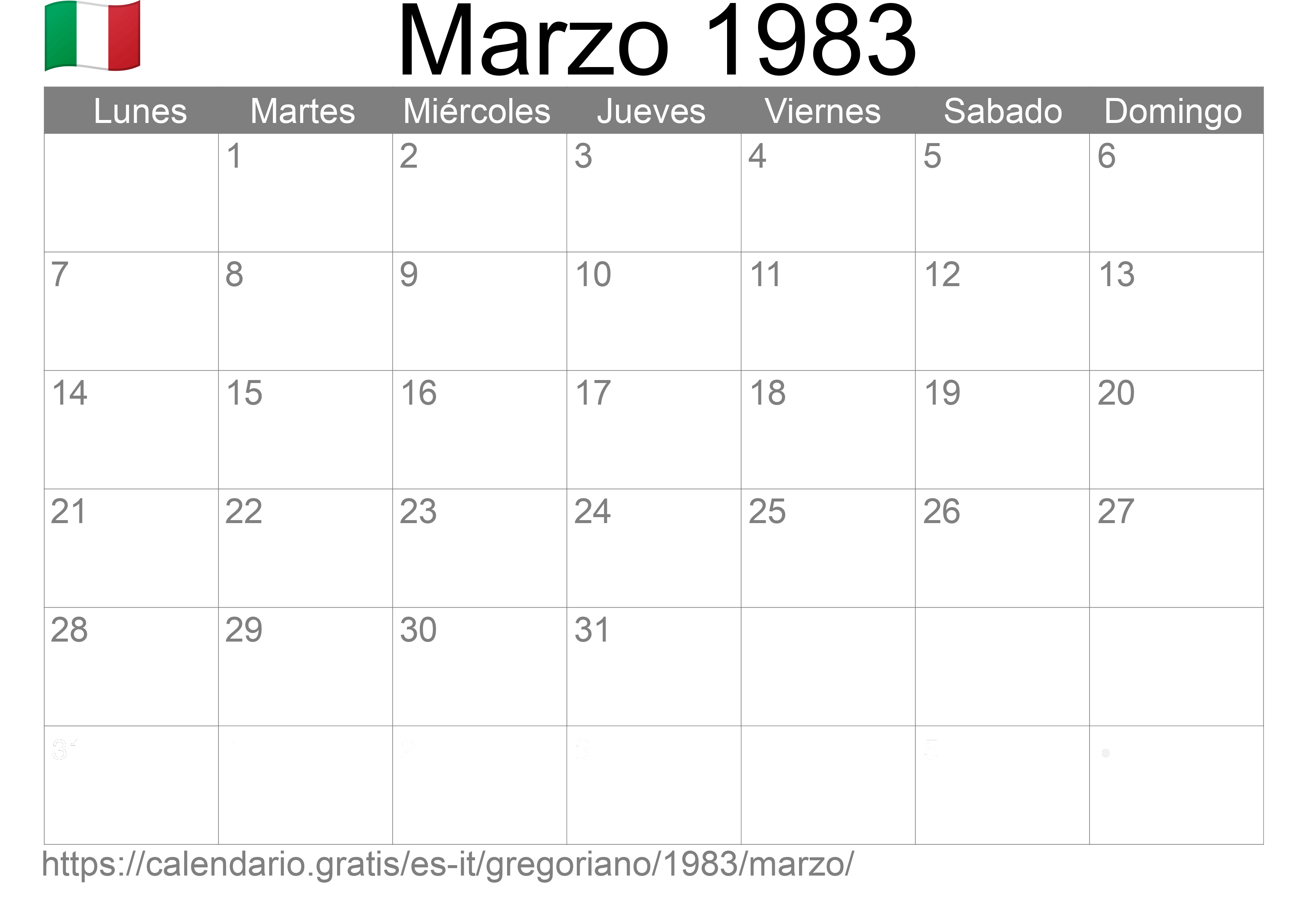 Calendario Marzo 1983 para imprimir