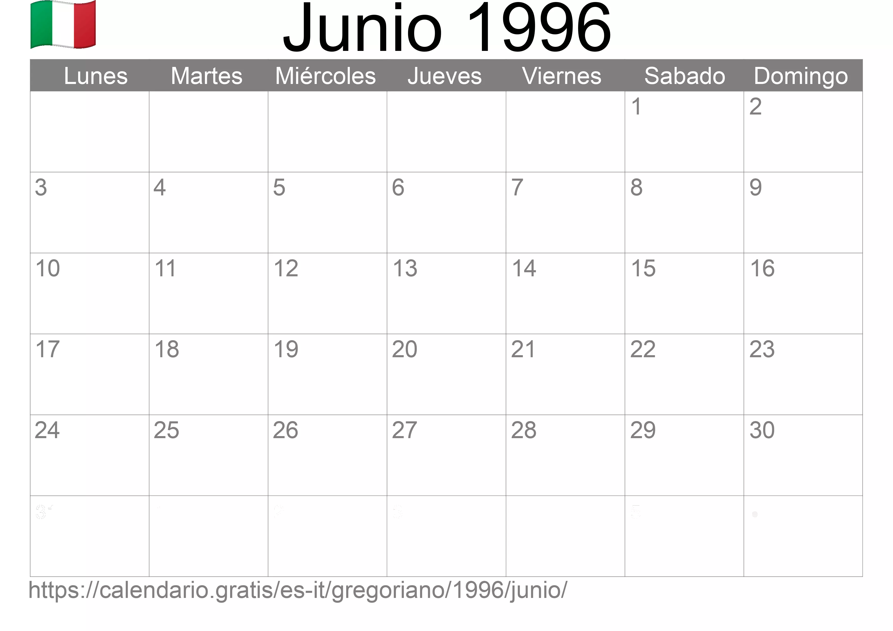 Calendario Junio 1996 para imprimir (Italia)