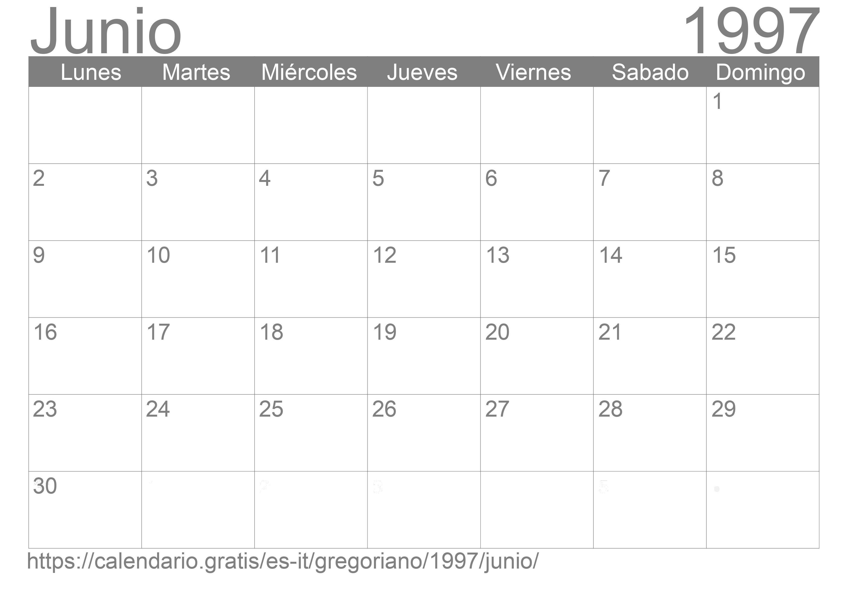 Calendario Junio 1997 para imprimir