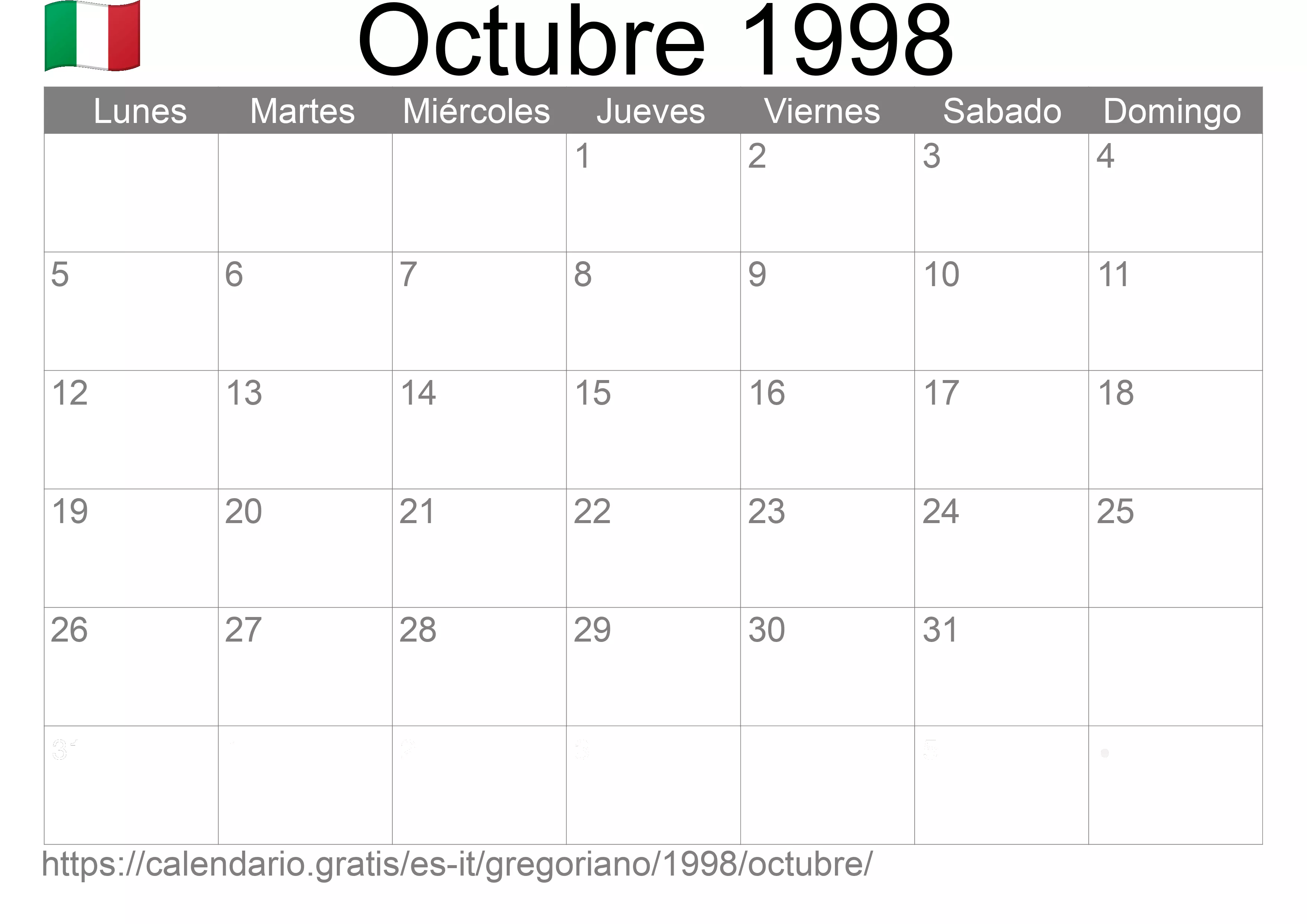 Calendario Octubre 1998 para imprimir (Italia)