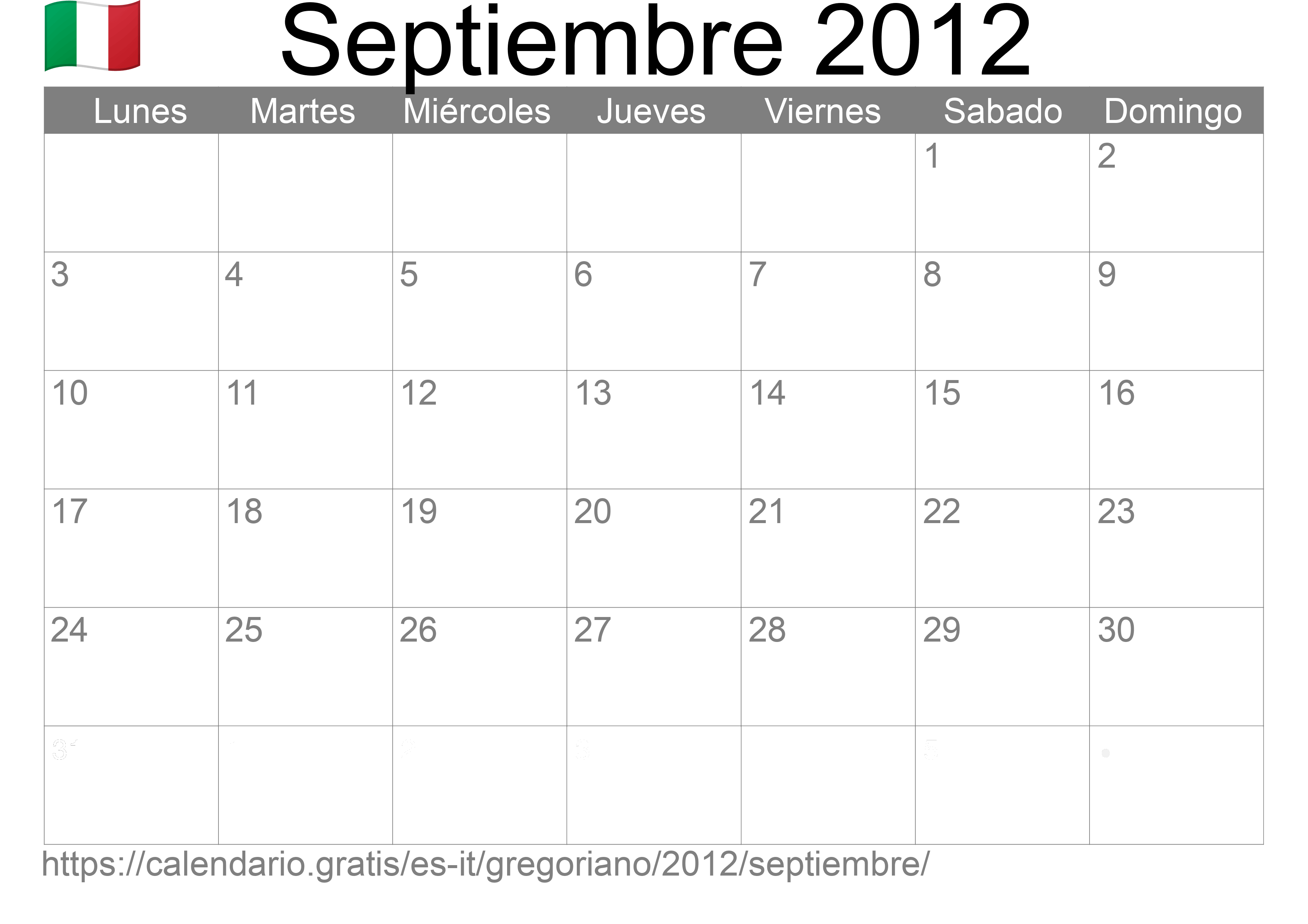 Calendario Septiembre 2012 para imprimir