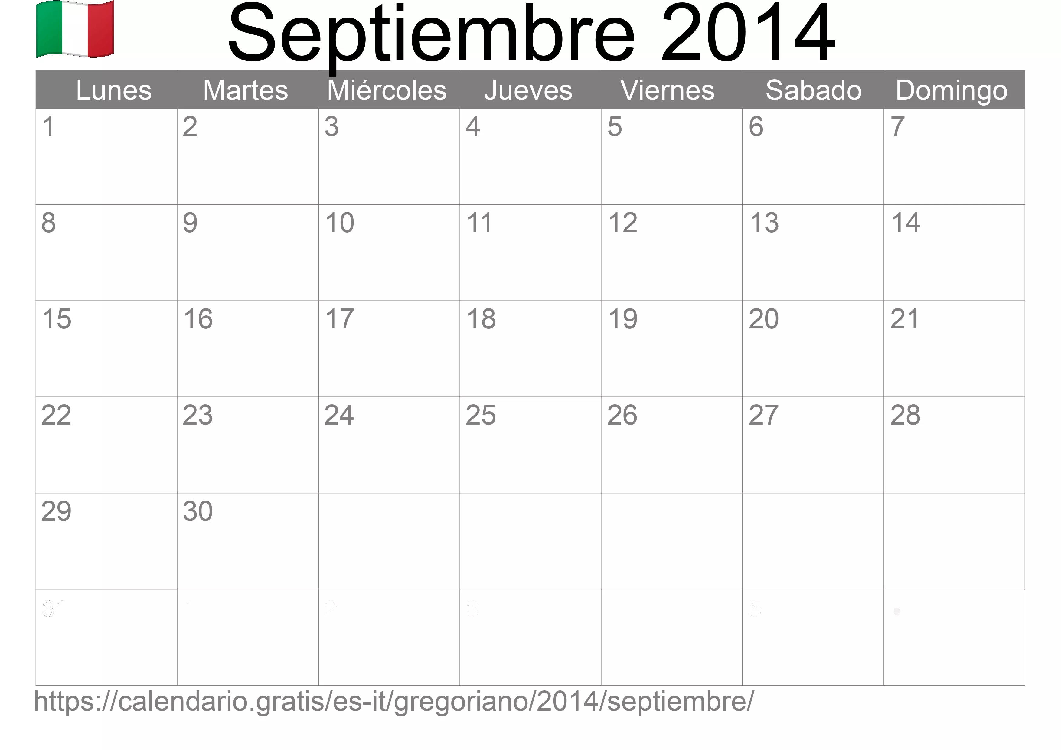 Calendario Septiembre 2014 para imprimir (Italia)