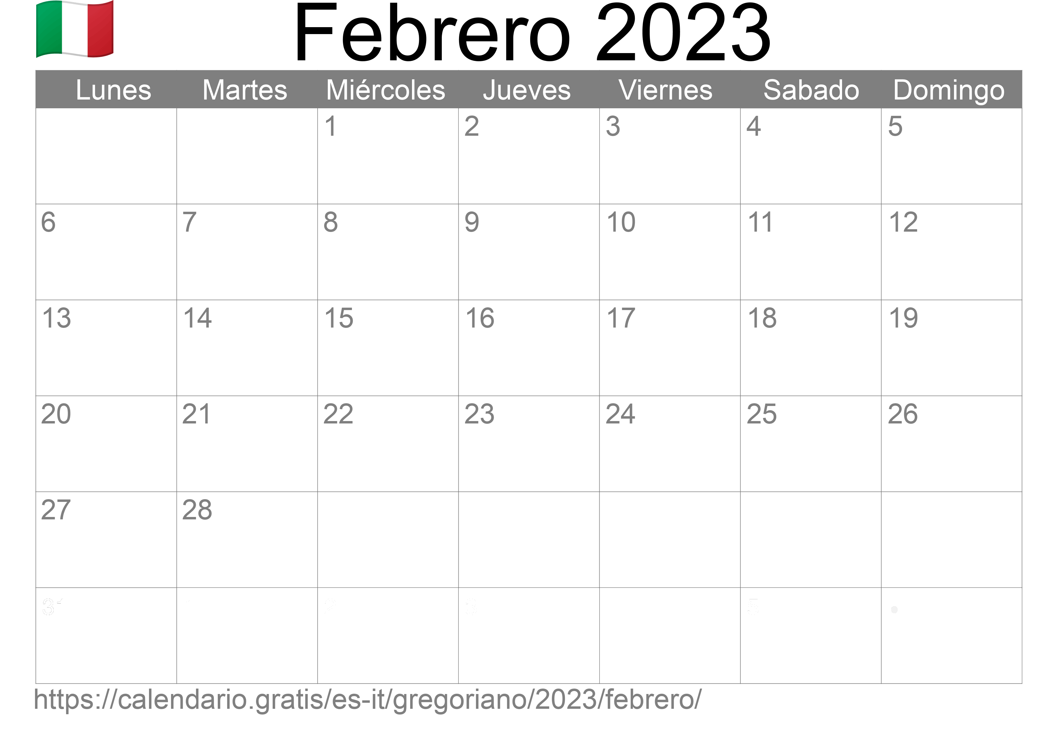 Calendario Febrero 2023 para imprimir