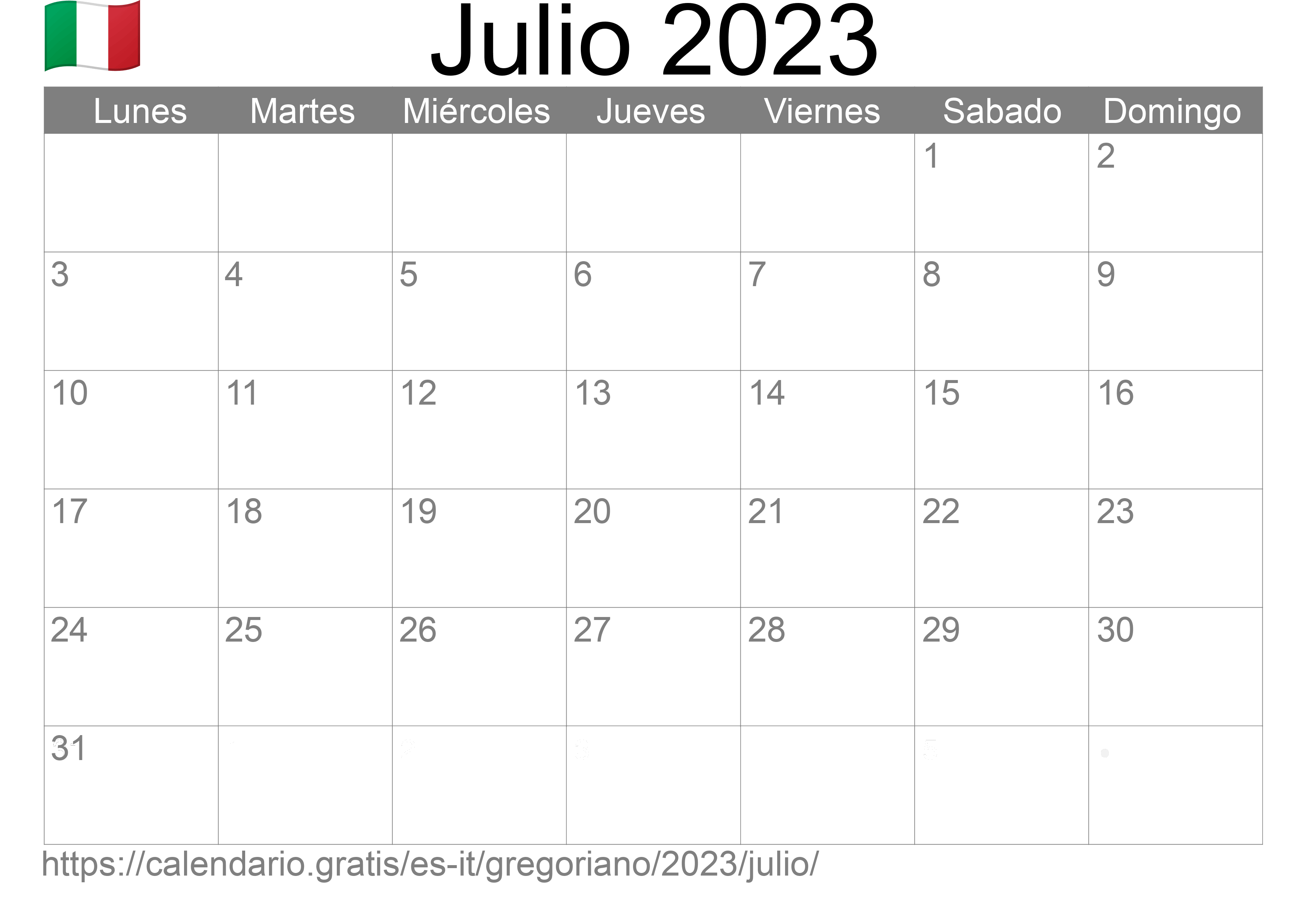 Calendario Julio 2023 para imprimir