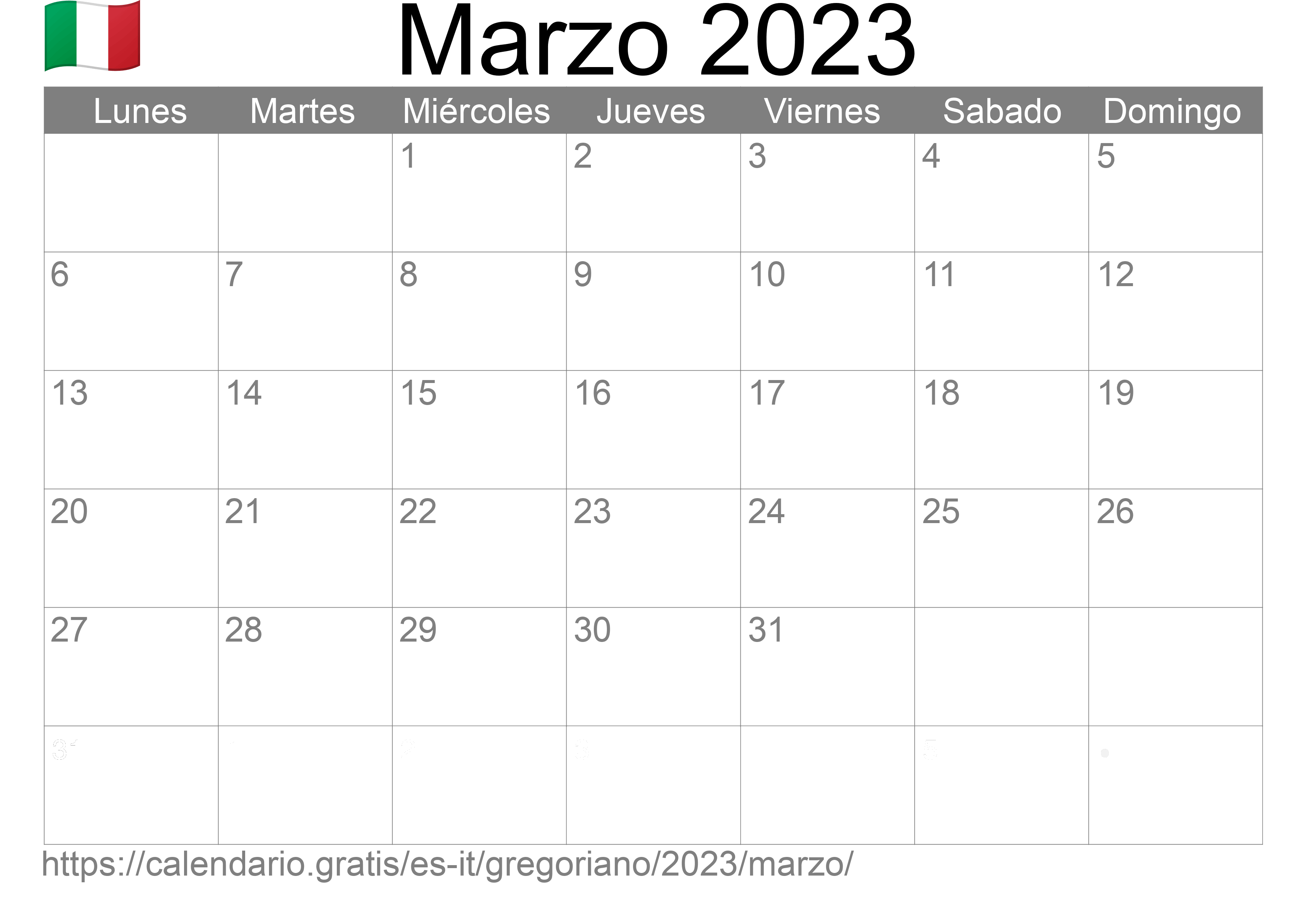 Calendario Marzo 2023 para imprimir