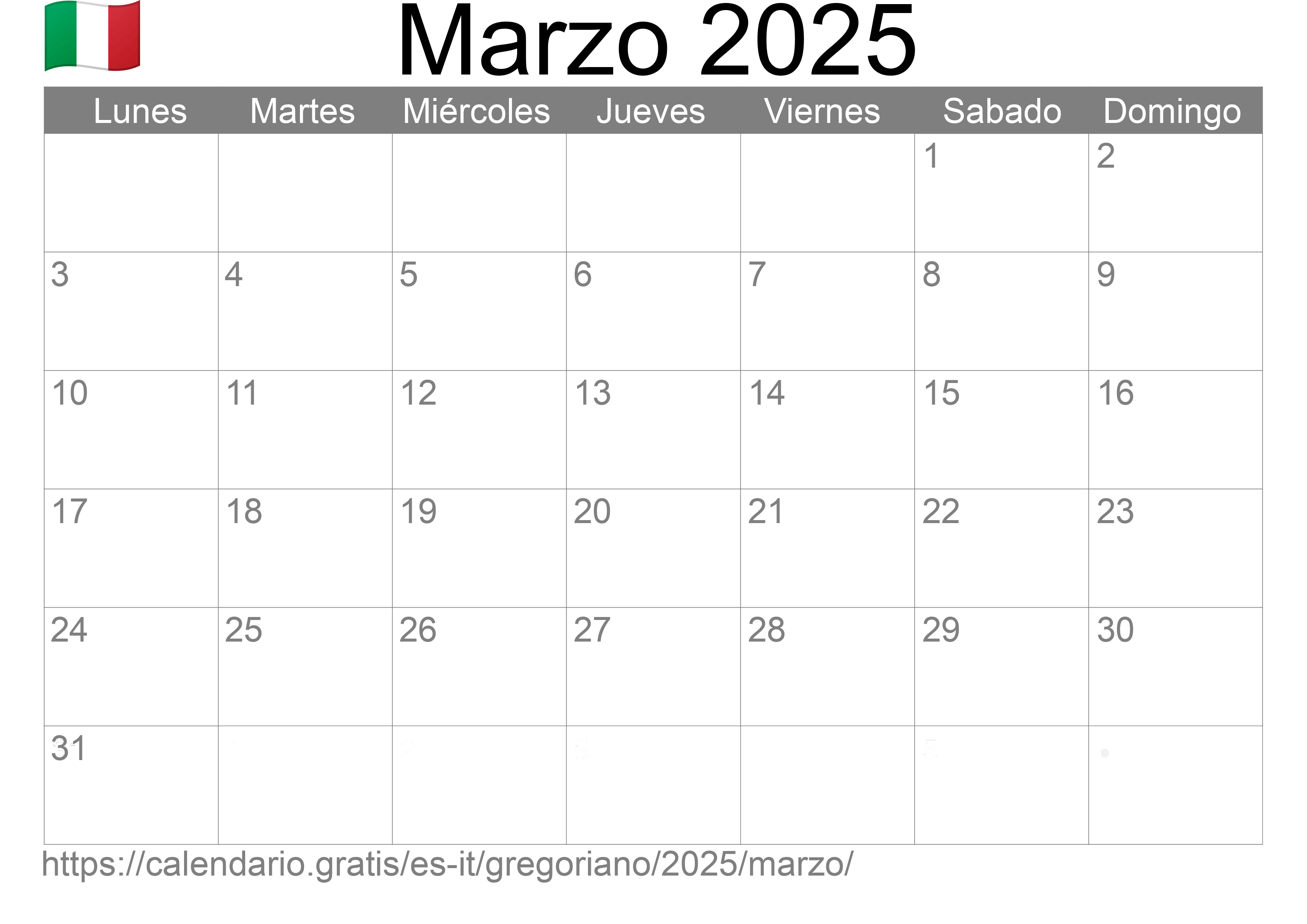 Calendario Marzo 2025 para imprimir