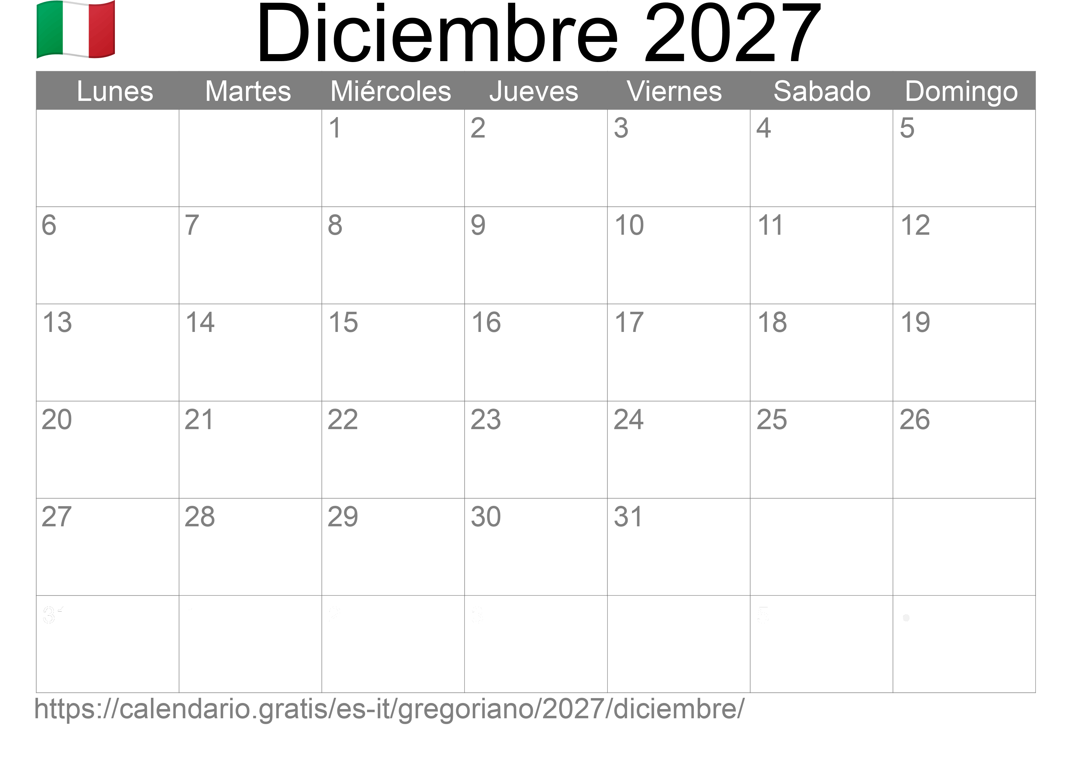 Calendario Diciembre 2027 para imprimir