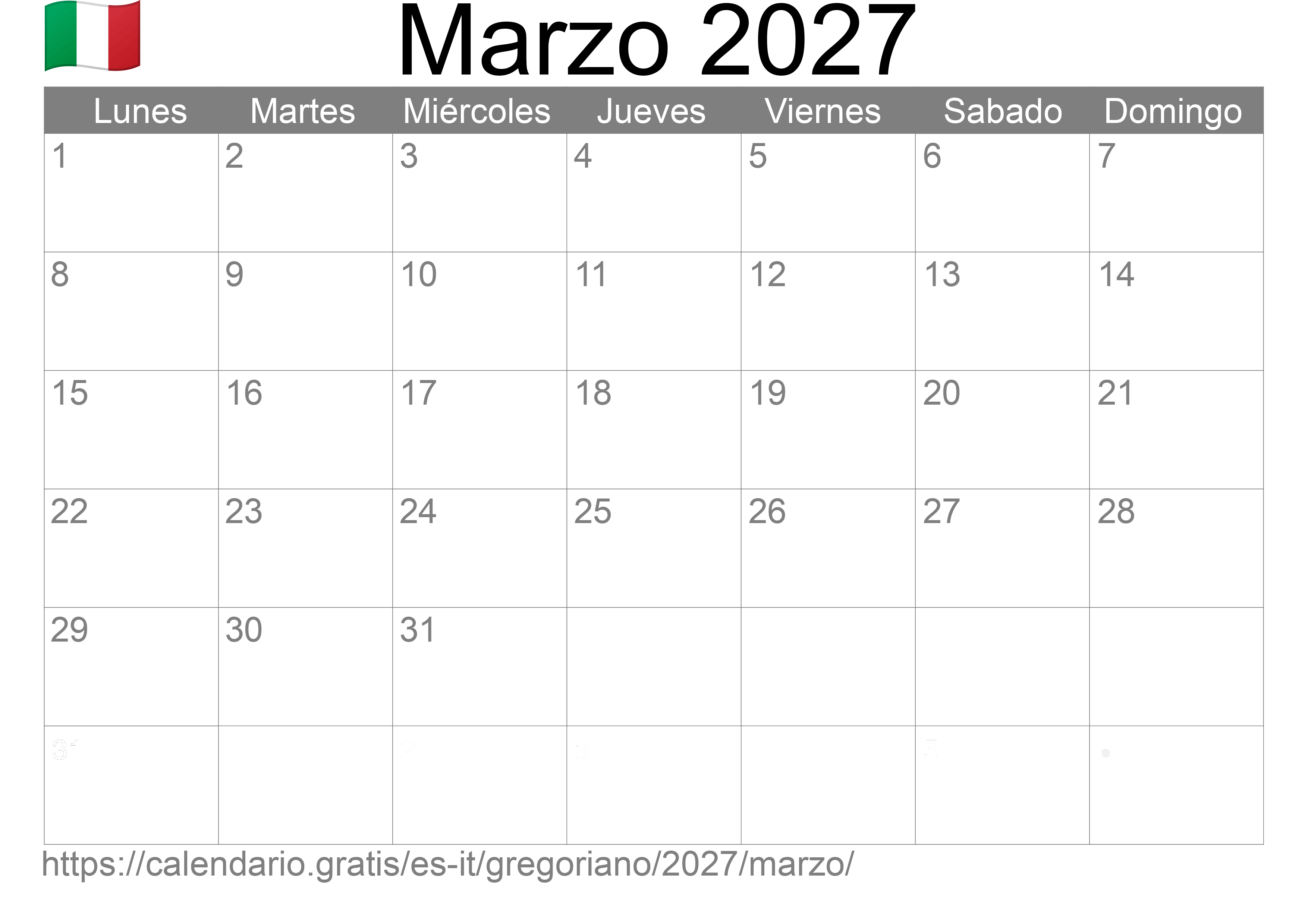 Calendario Marzo 2027 para imprimir