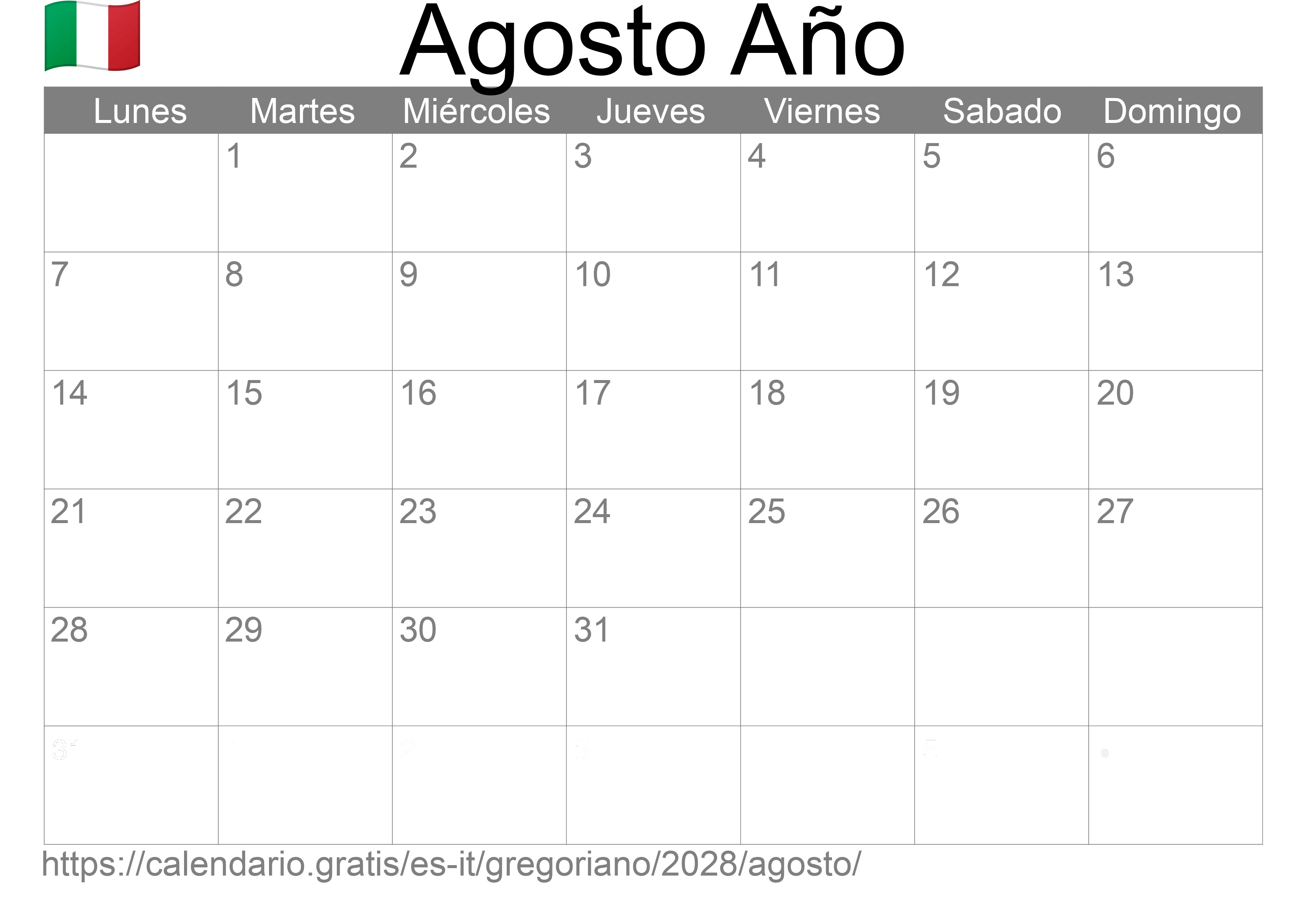 Calendario Agosto 2028 para imprimir