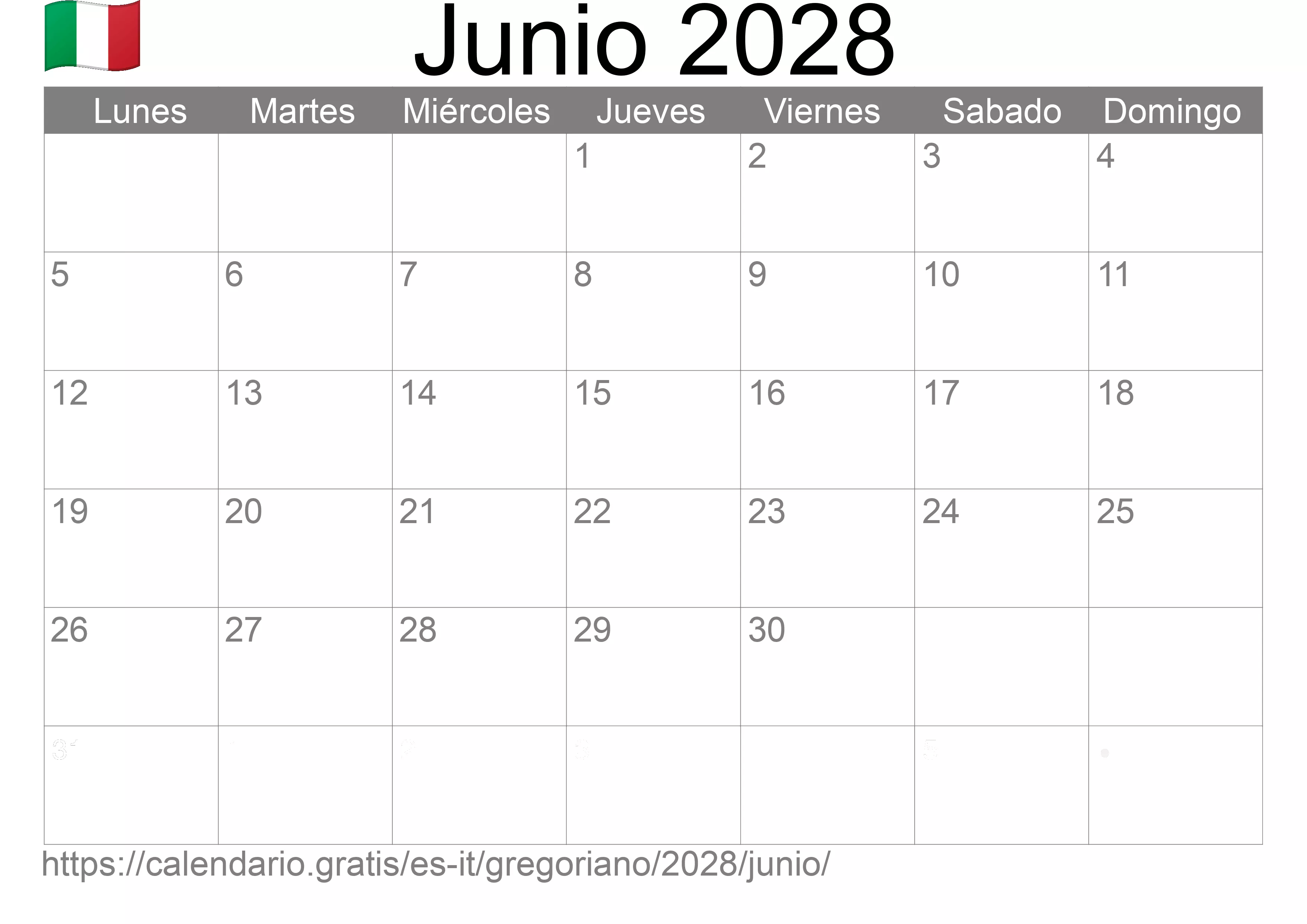 Calendario Junio 2028 para imprimir (Italia)